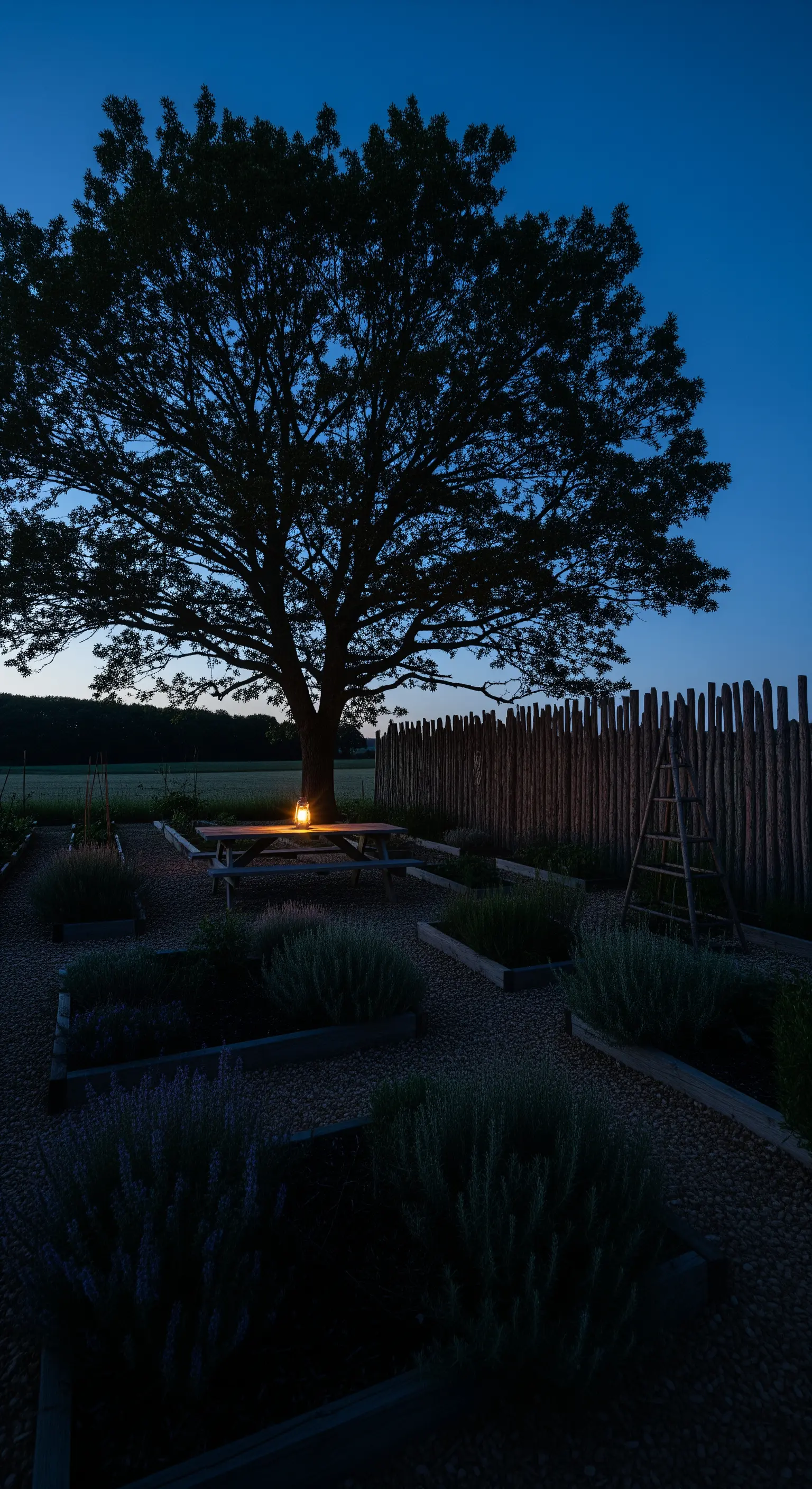 Tavolo da picnic in un orto di notte, illuminato da una sola lanterna calda.