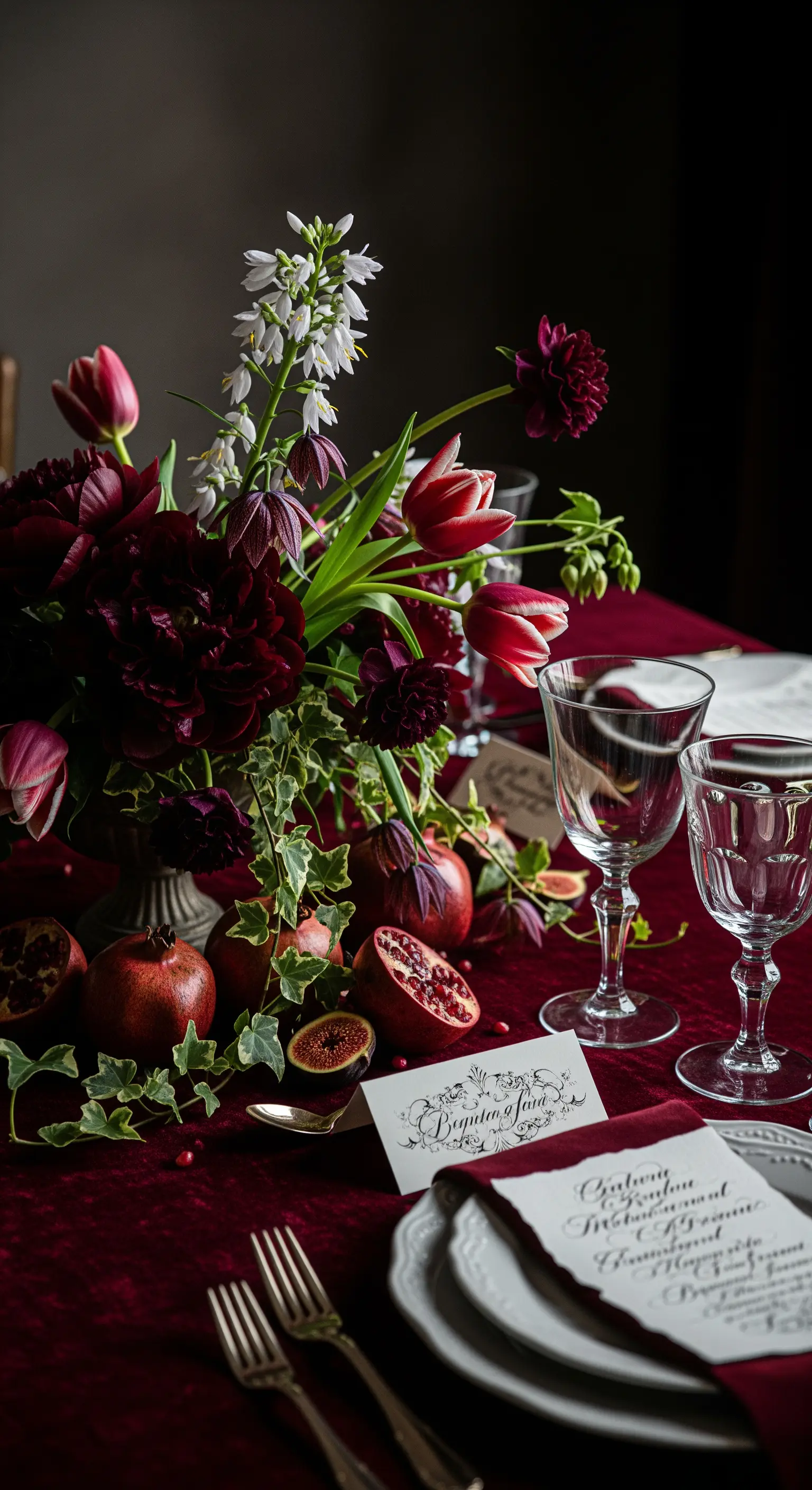Tavola barocca con tovaglia in velluto bordeaux, fiori rossi e melograni.