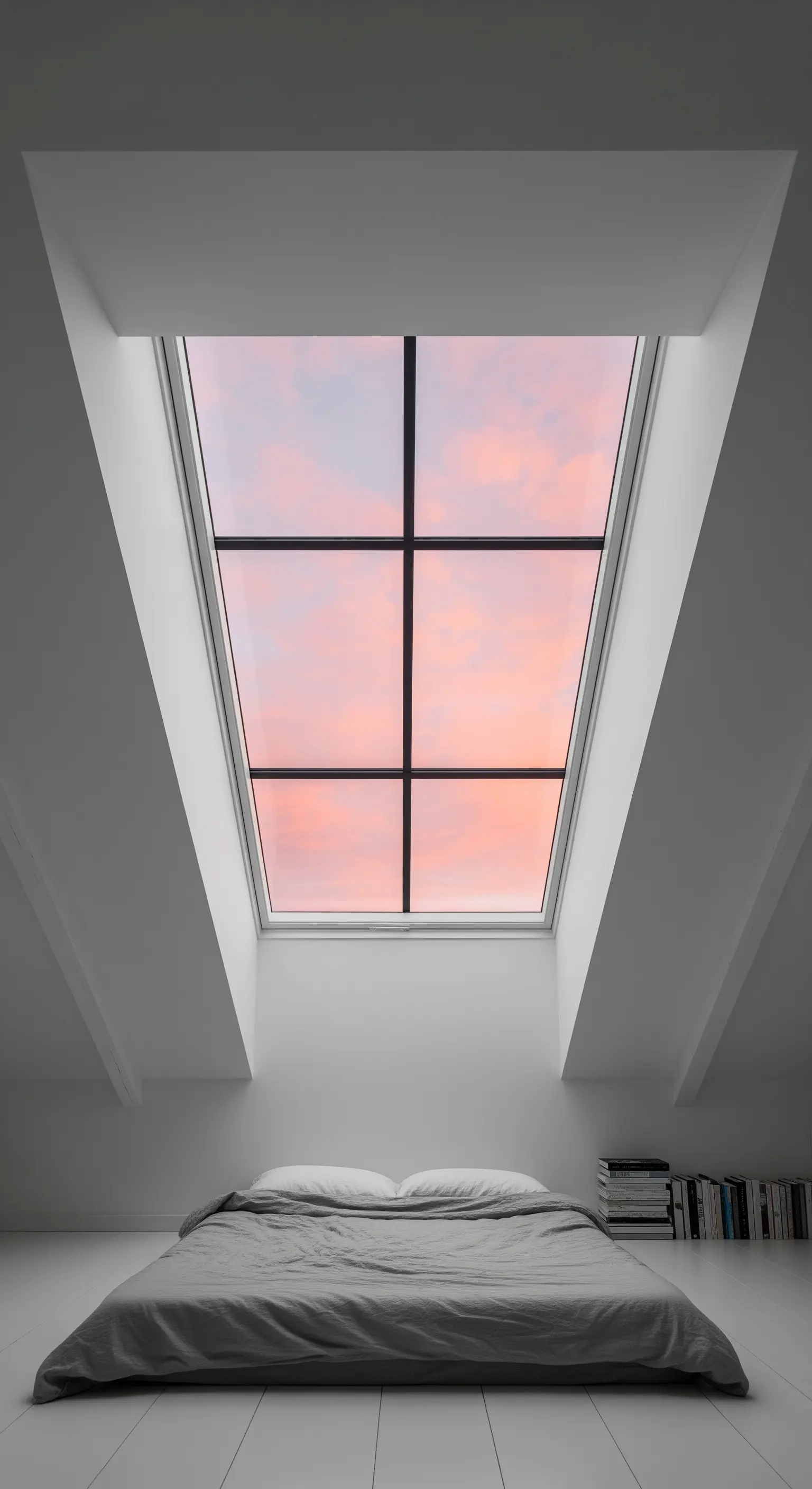 Letto in una mansarda minimalista bianca, posizionato sotto un grande lucernario.