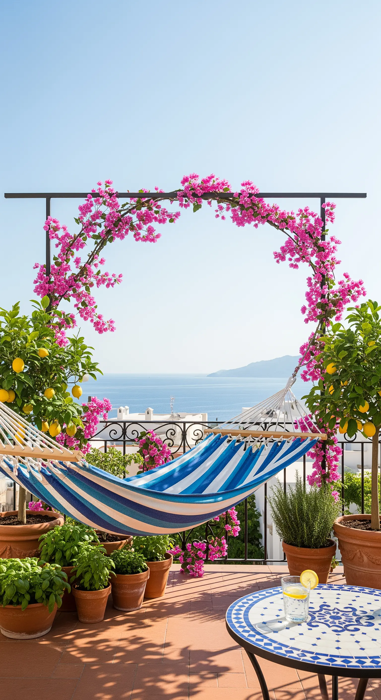 Amaca a strisce blu e bianche incorniciata da un arco di bougainvillea fucsia.