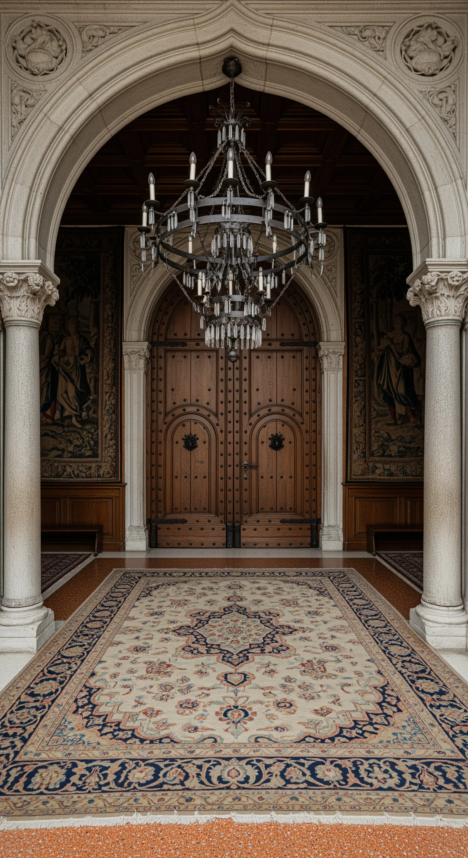 Ingresso maestoso con archi in pietra, arazzi, porte in legno e un grande lampadario.