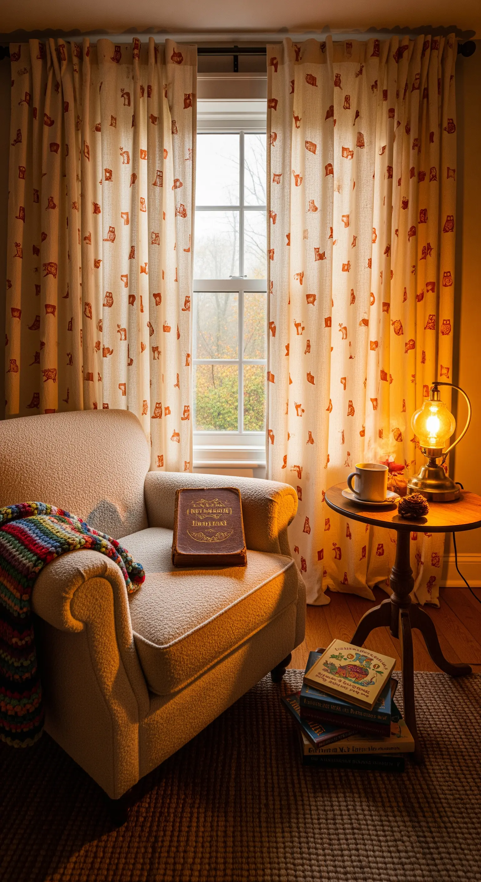 Tende color crema con un piccolo motivo di gufi arancioni in un accogliente angolo lettura.
