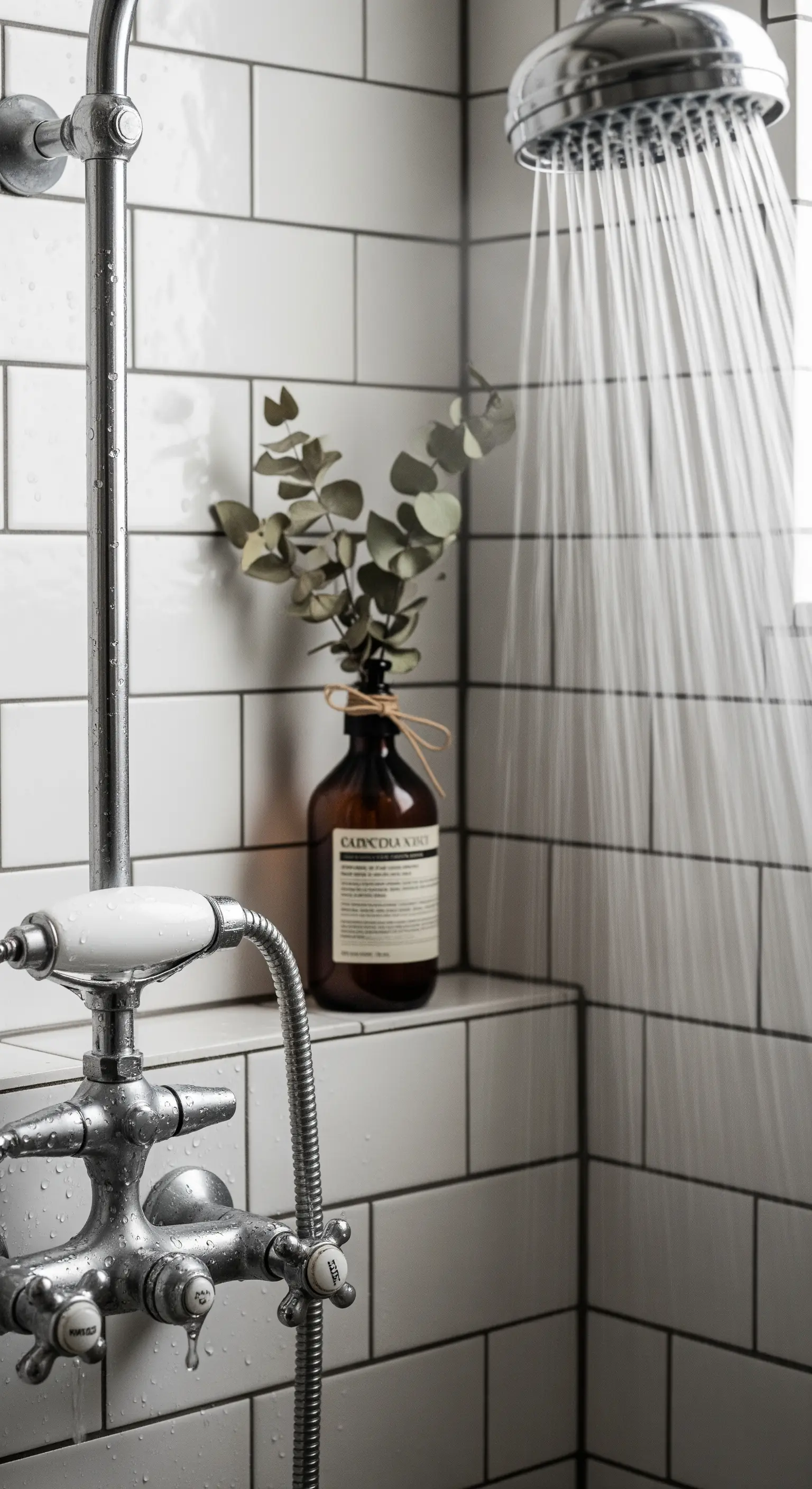 Ramo di eucalipto appeso in una doccia con piastrelle bianche e rubinetteria cromata vintage.