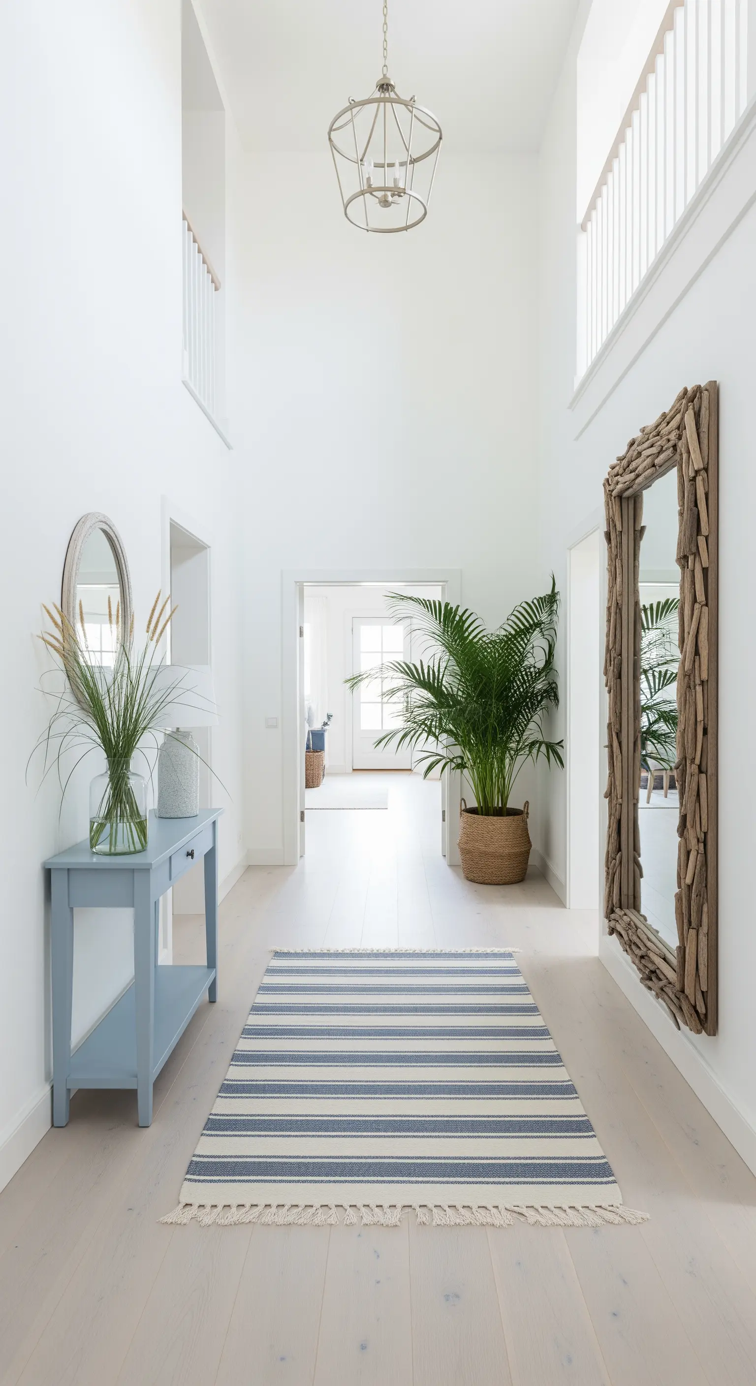 Ingresso ampio e luminoso in stile coastal con consolle azzurra e specchio in legno naturale.