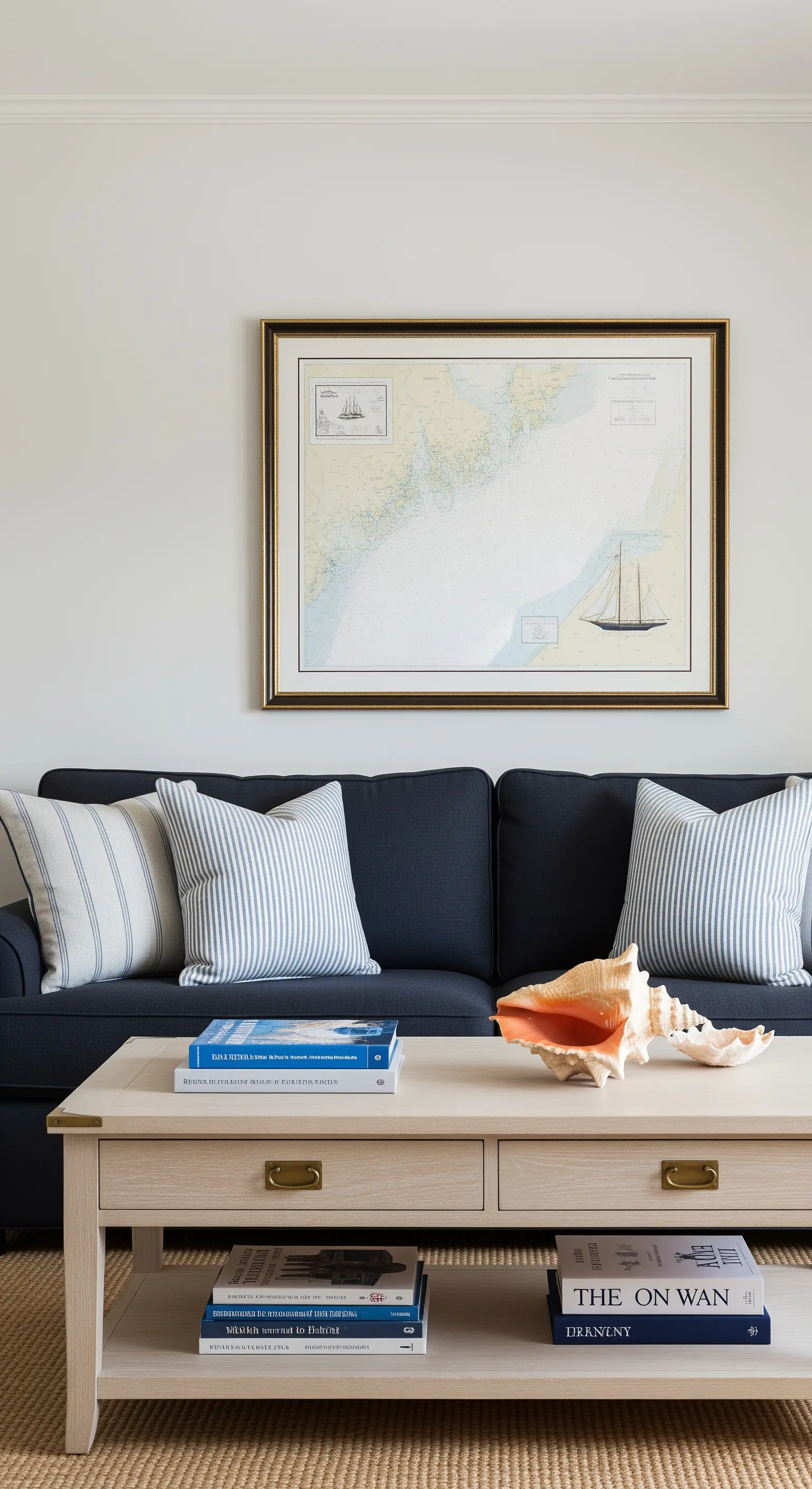Divano blu navy con una mappa nautica incorniciata appesa alla parete e una conchiglia sul tavolino.