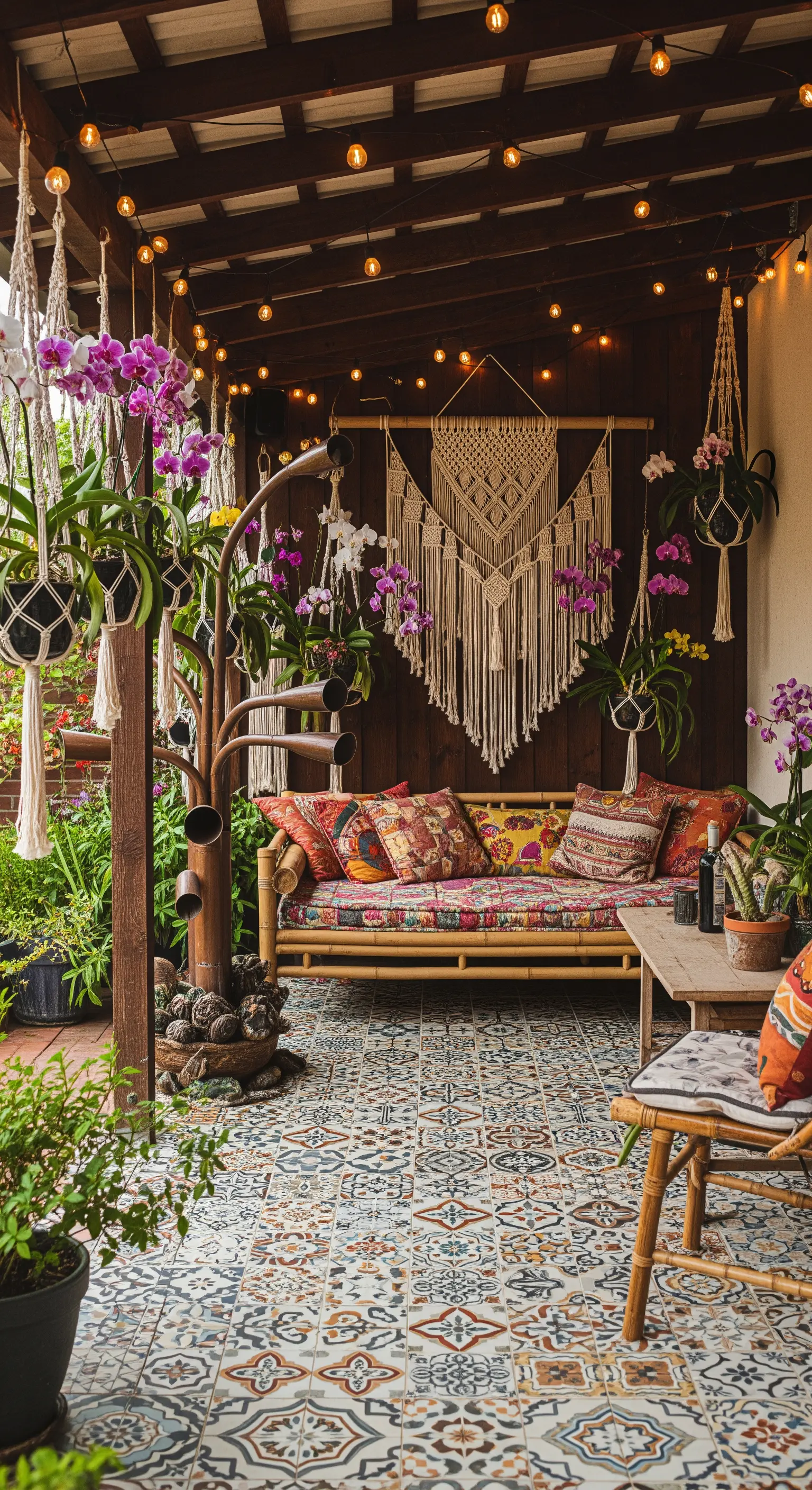 Portico bohémien con piastrelle decorate, divano in bambù, arazzo in macramè e luci a filo.