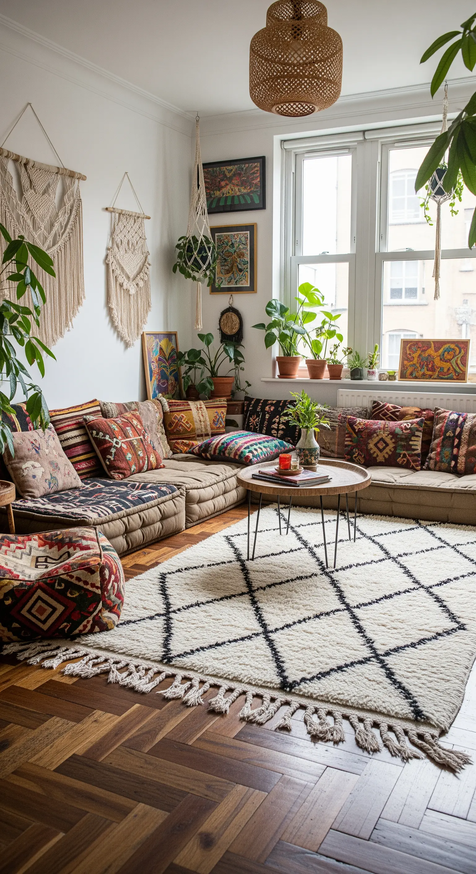 Soggiorno bohémien con parquet a spina di pesce, tappeto berbero e cuscini colorati