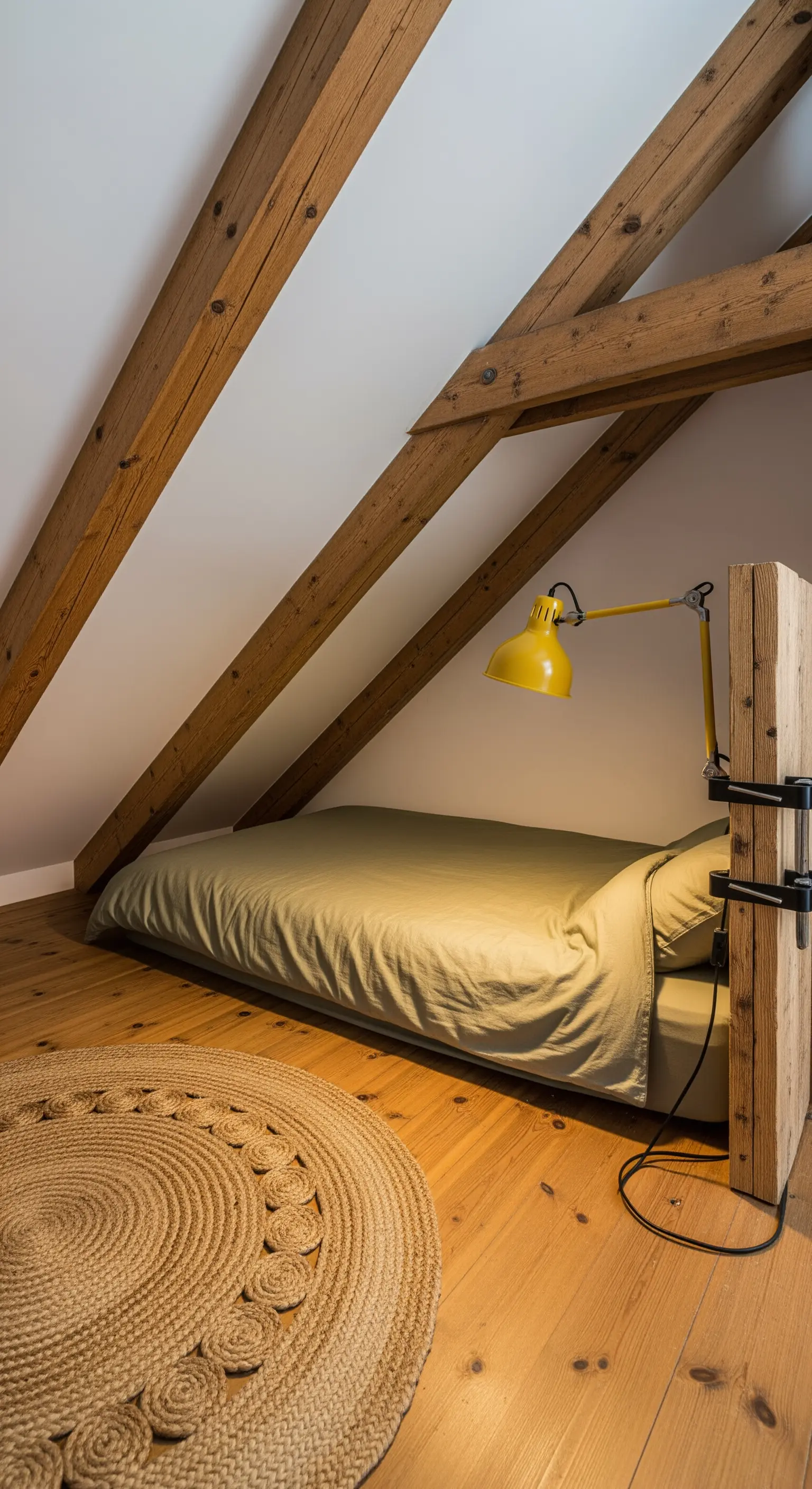 Camera da letto in mansarda con travi a vista, letto basso e lampada senape.
