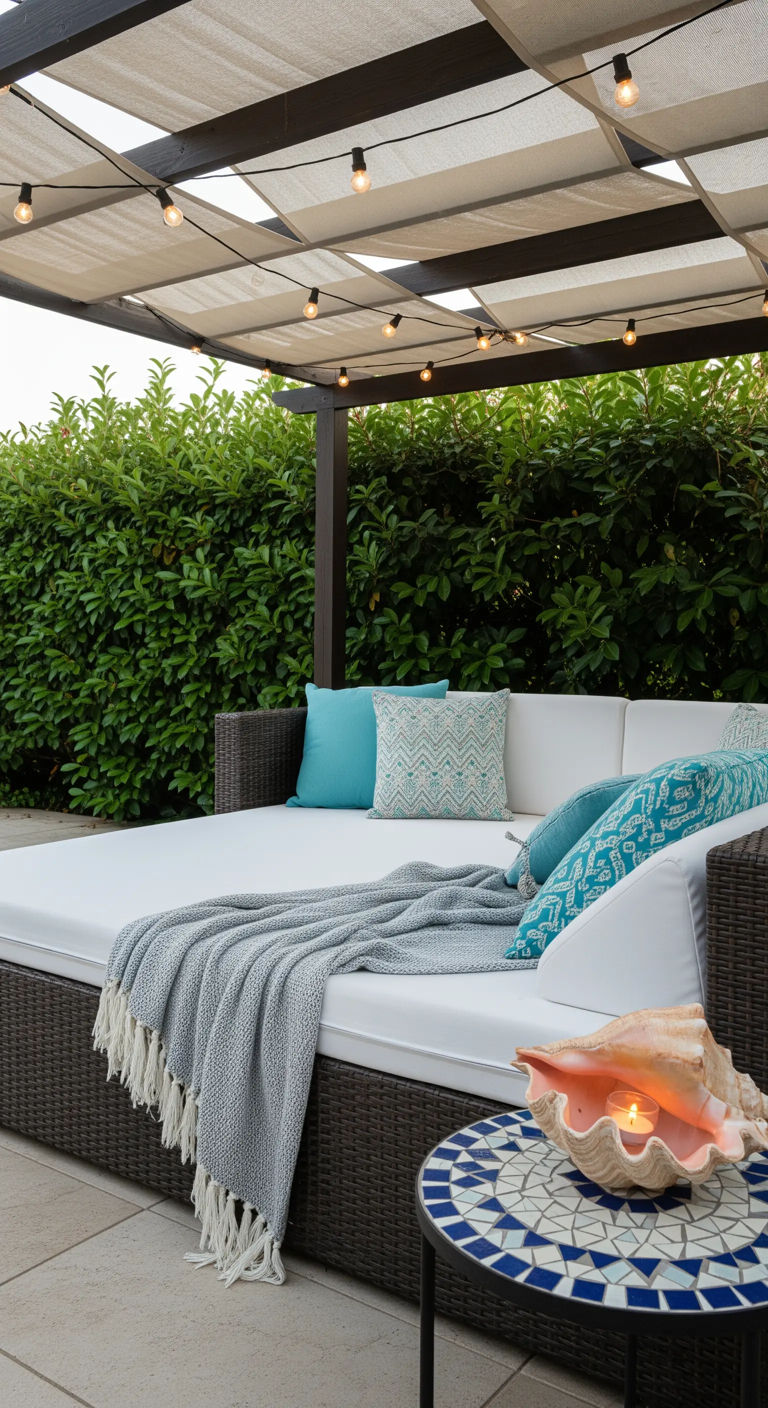 Daybed esterno con cuscini turchesi, sotto una pergola con lucine e una conchiglia-lanterna