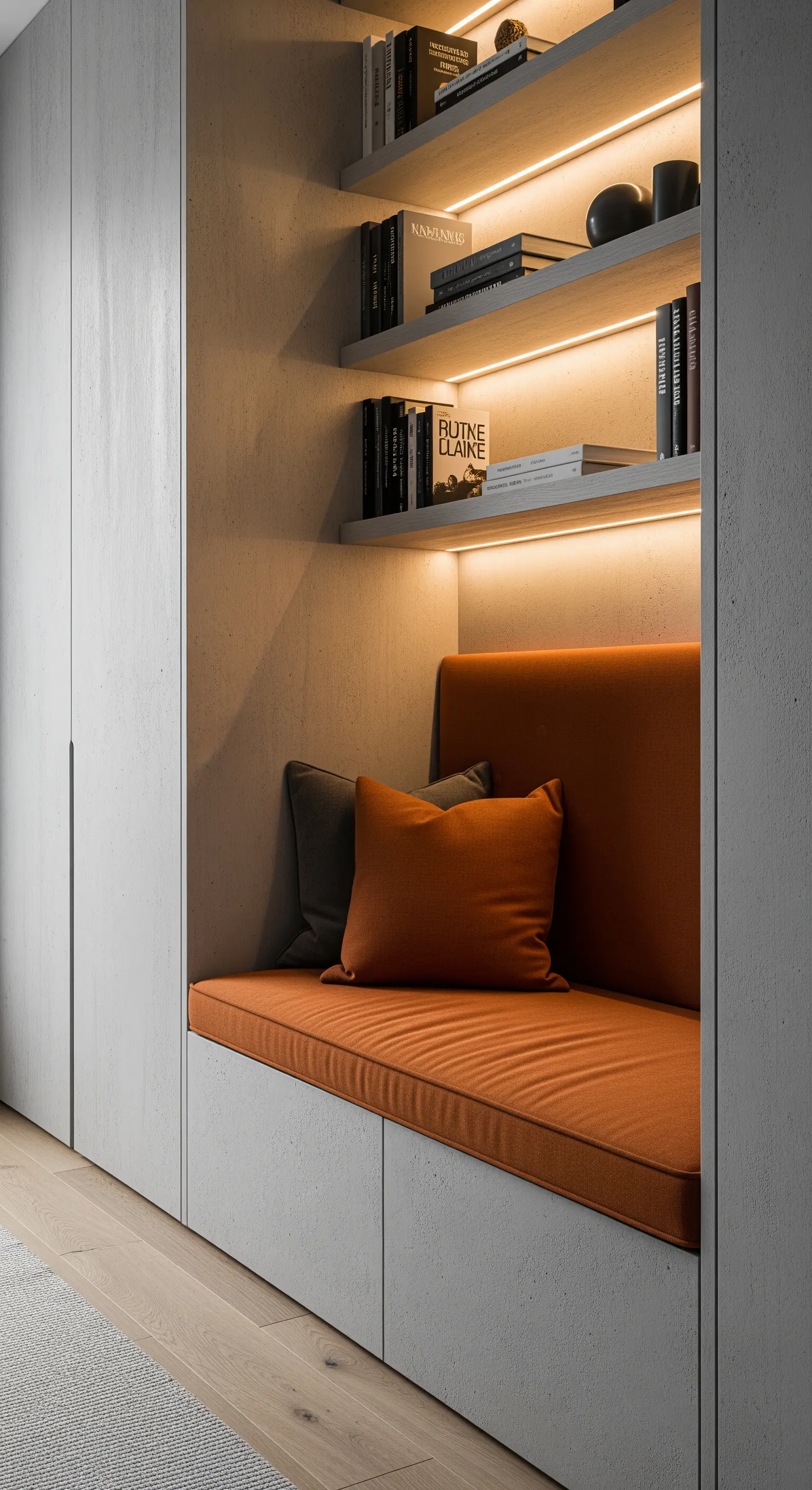 Panca arancione in una nicchia di un armadio grigio, con mensole e luce LED.