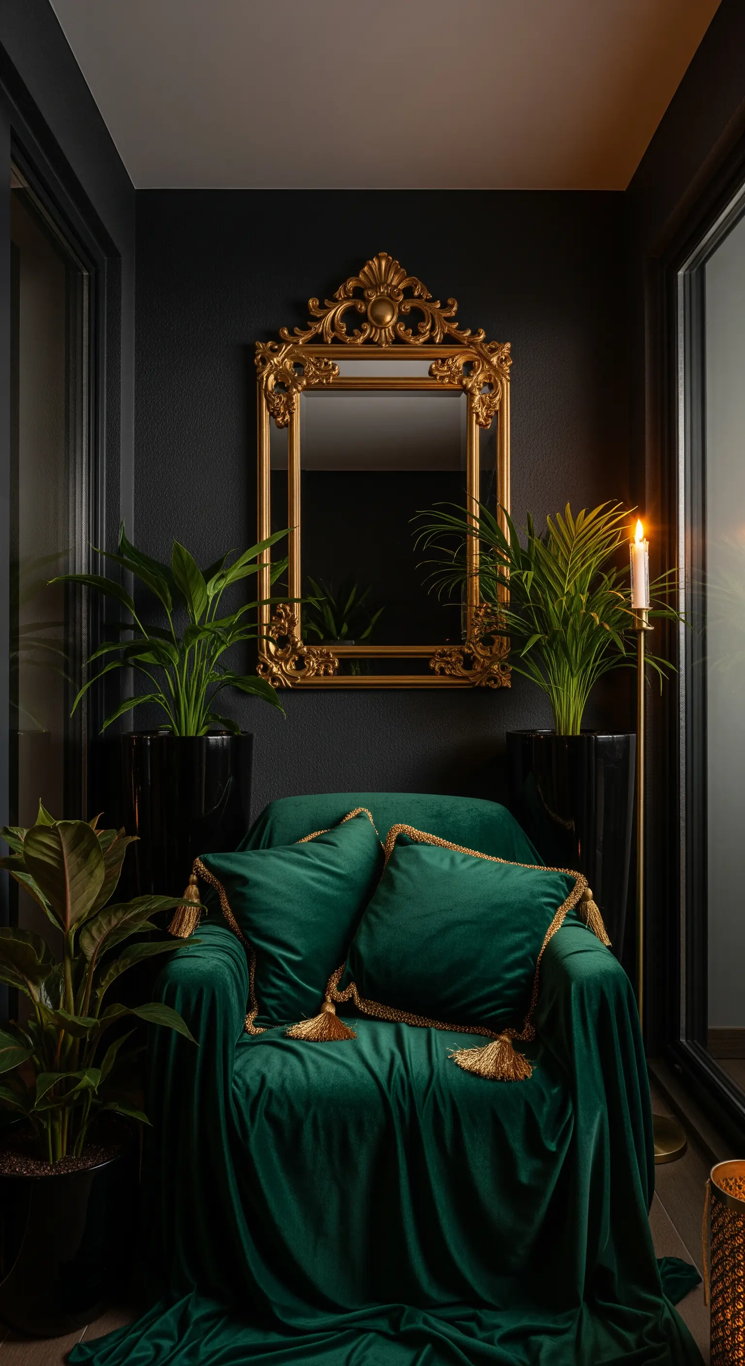 Angolo scuro con poltrona in velluto verde, specchio barocco dorato e piante.