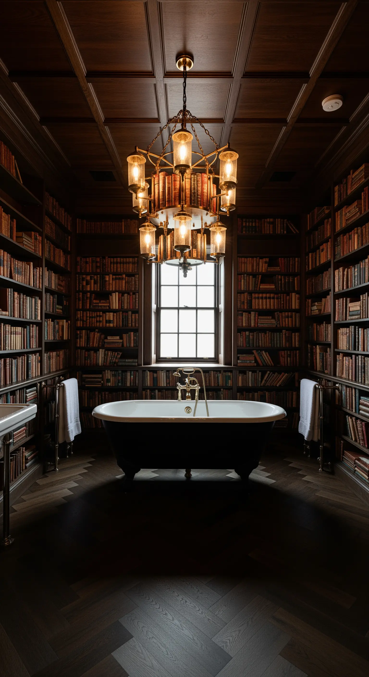 Bagno circondato da librerie in legno scuro, con un lampadario in stile classico e una vasca.