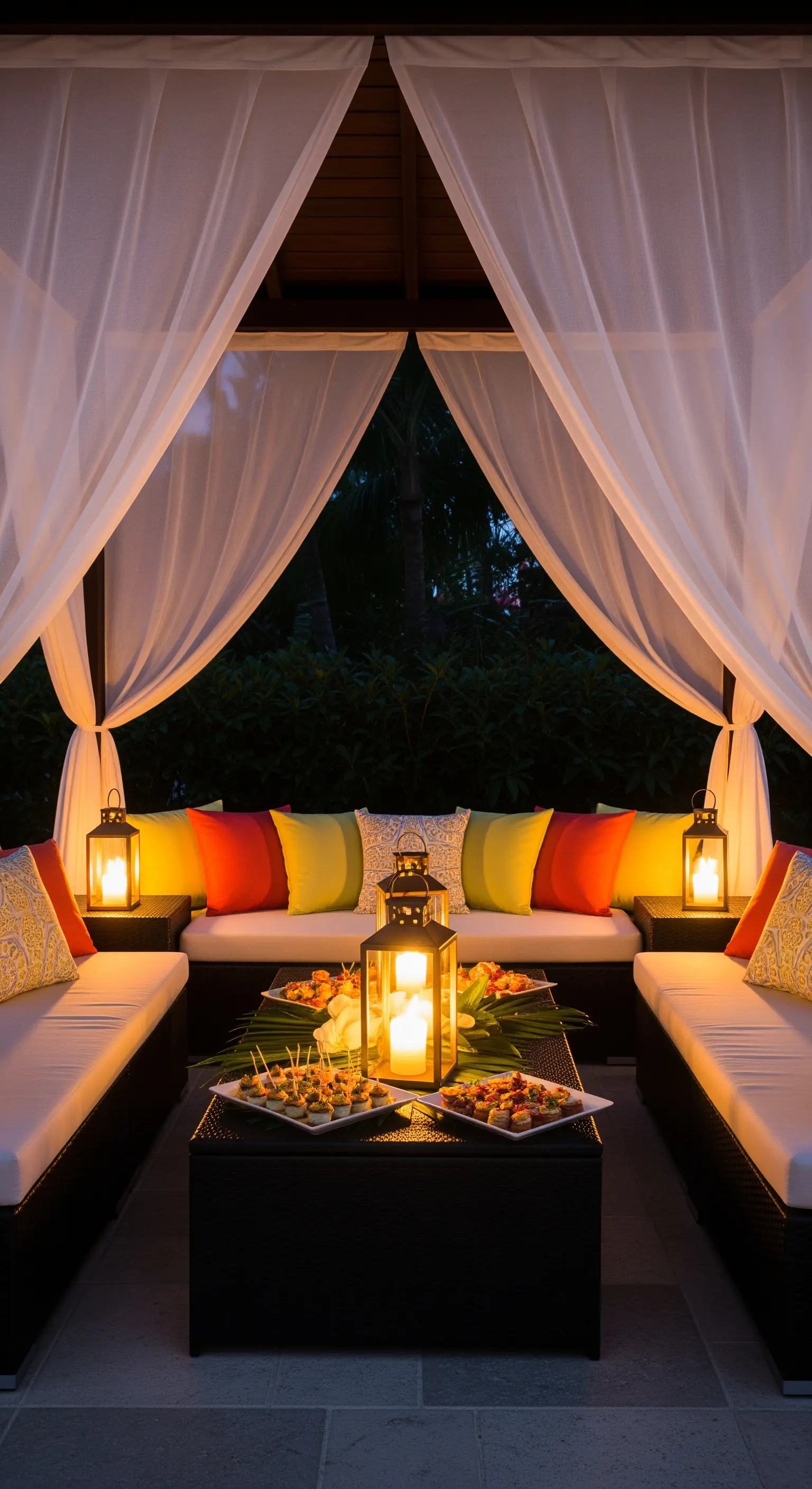 Gazebo illuminato da lanterne con divani e cuscini colorati, per un'area relax appartata.