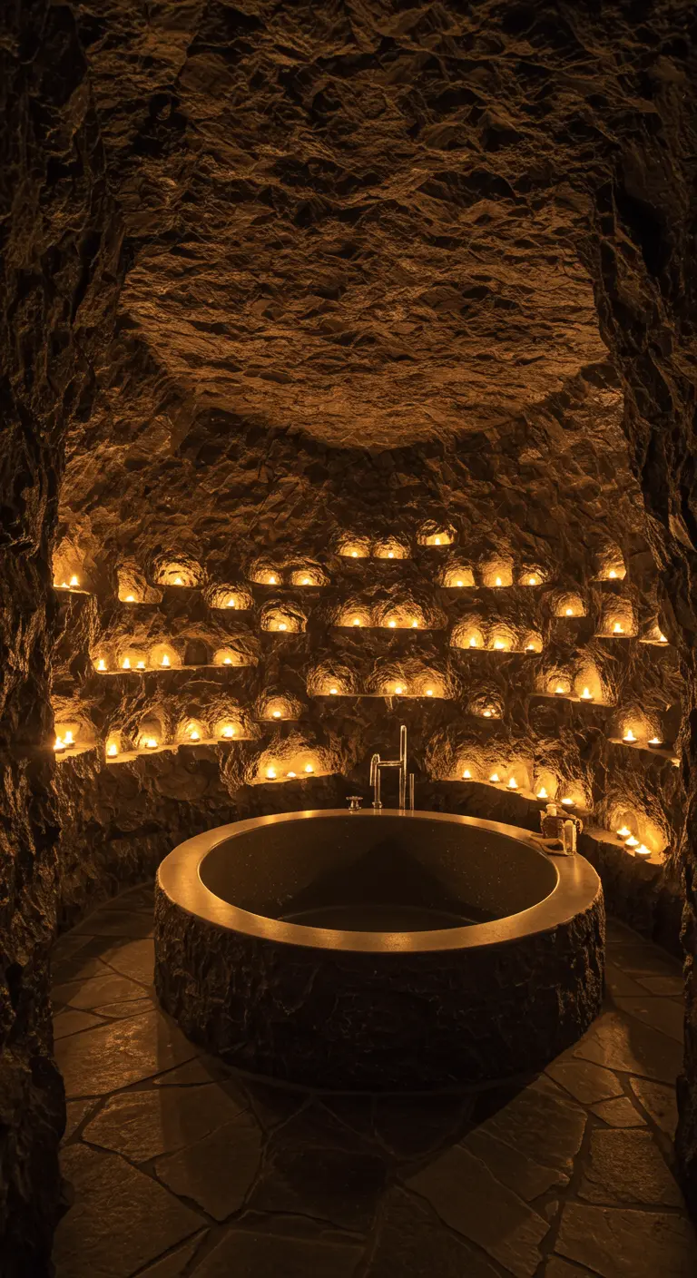 Bagno simile a una grotta con decine di nicchie illuminate da candele e una vasca circolare.