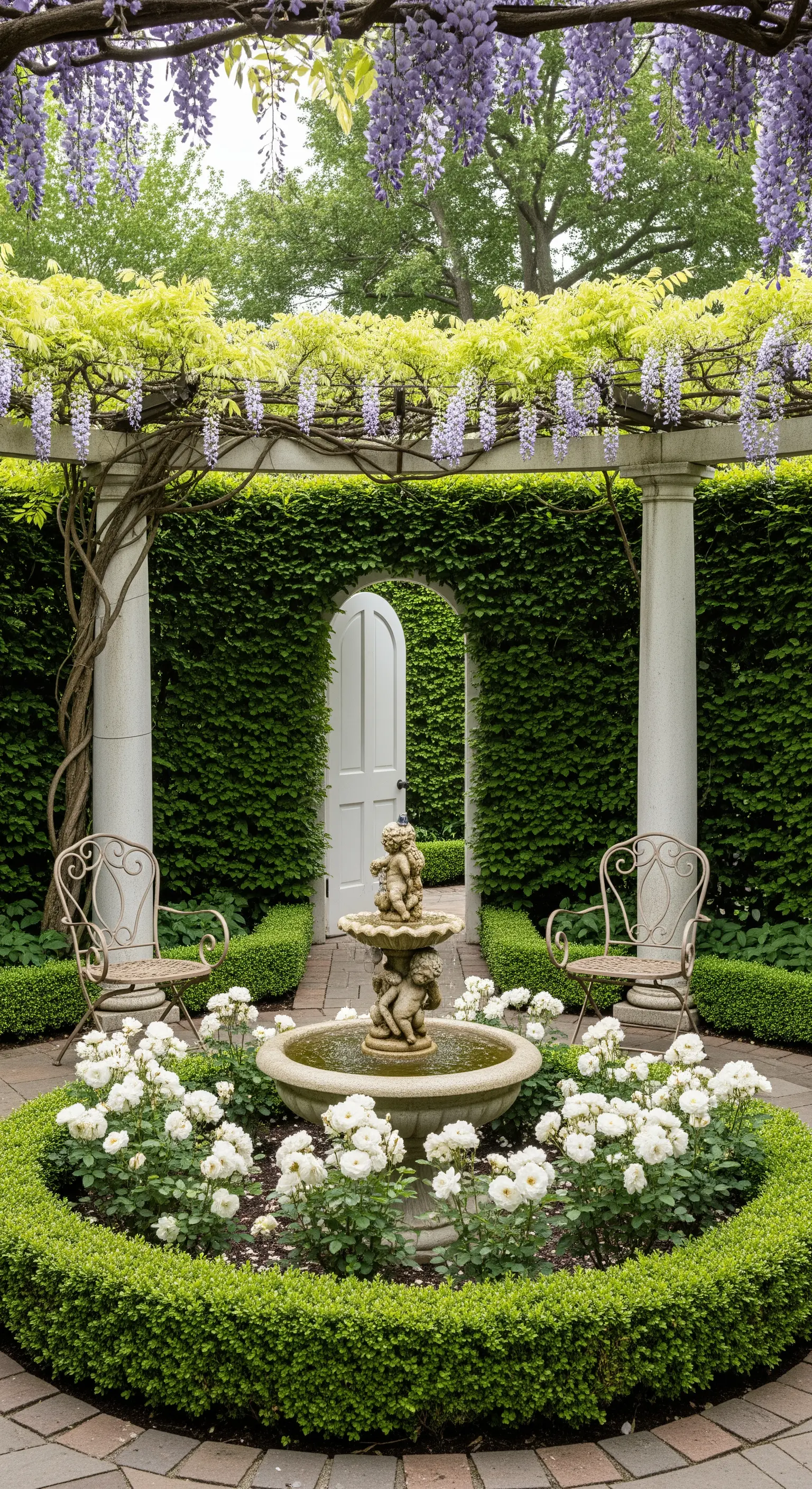 Giardino segreto con pergola ricoperta di glicine, fontana con cherubini e rose bianche.