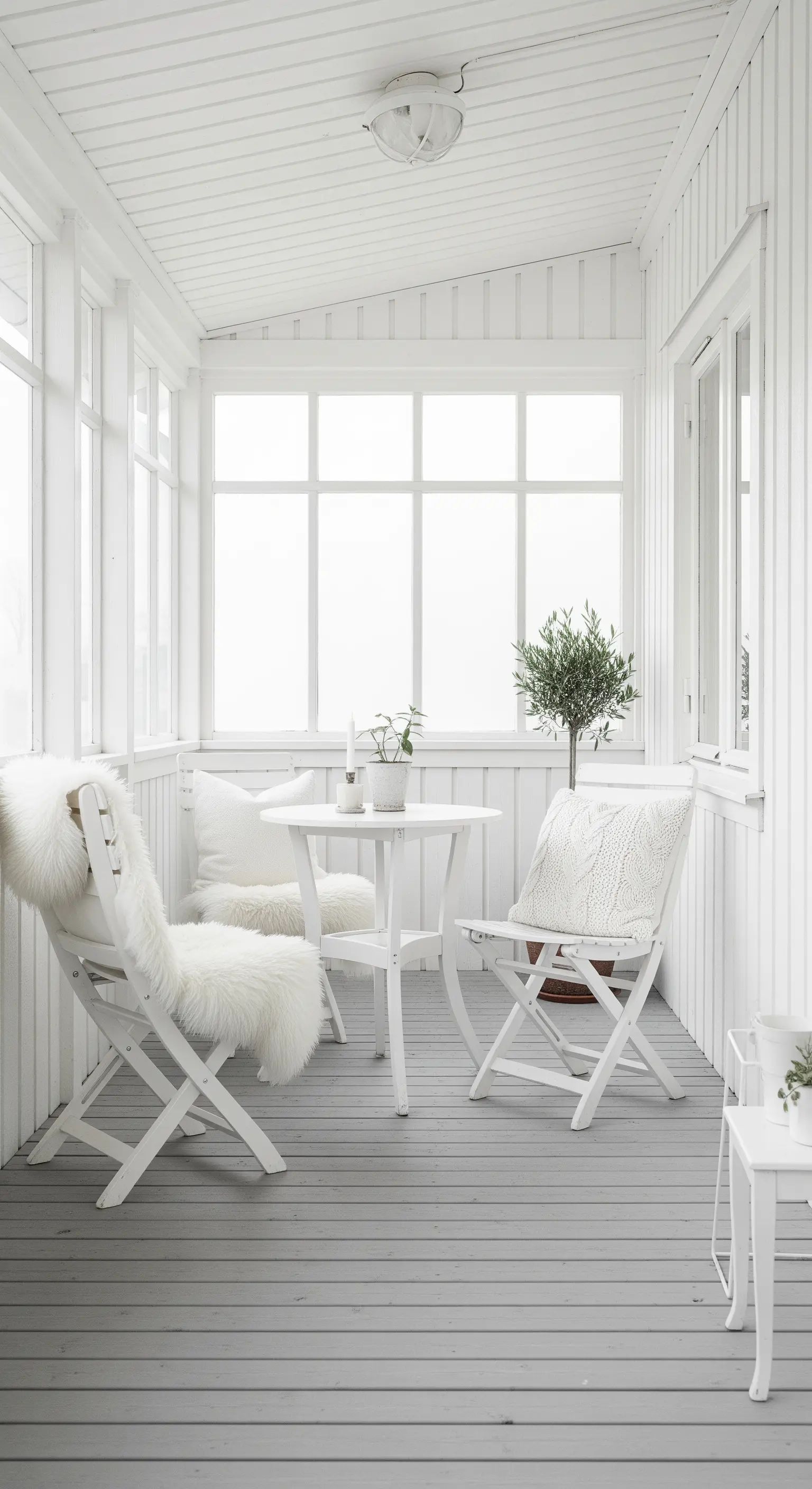 Veranda total white con sedie pieghevoli, coperte in pelliccia e un piccolo ulivo.