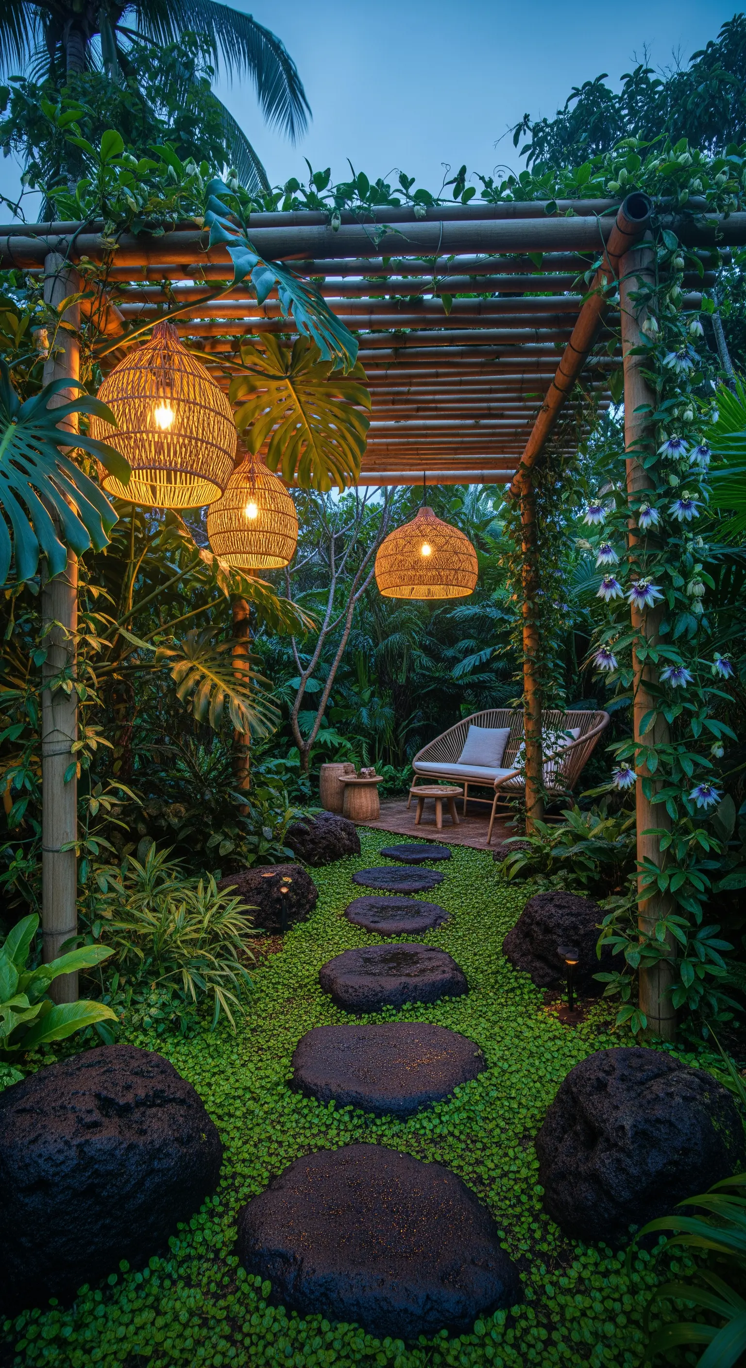 Sentiero in pietra lavica in un giardino tropicale, sotto un pergolato di bambù con lampade in rattan.