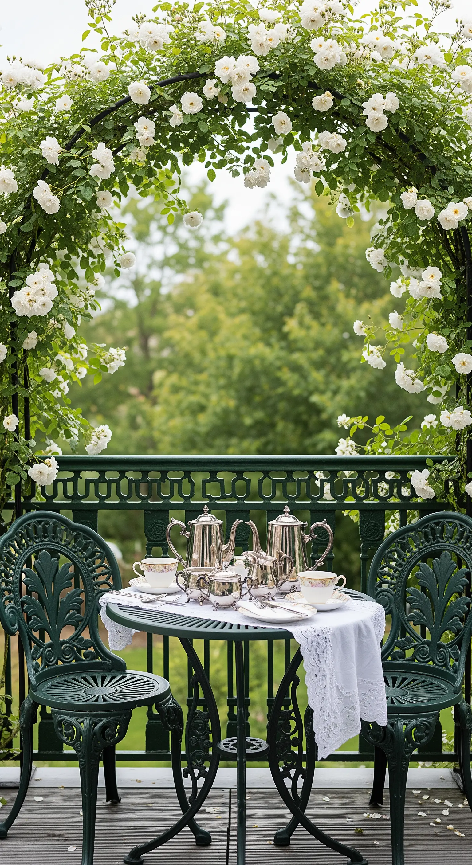 Set da tè in argento su un tavolo verde scuro, sotto un arco di rose bianche