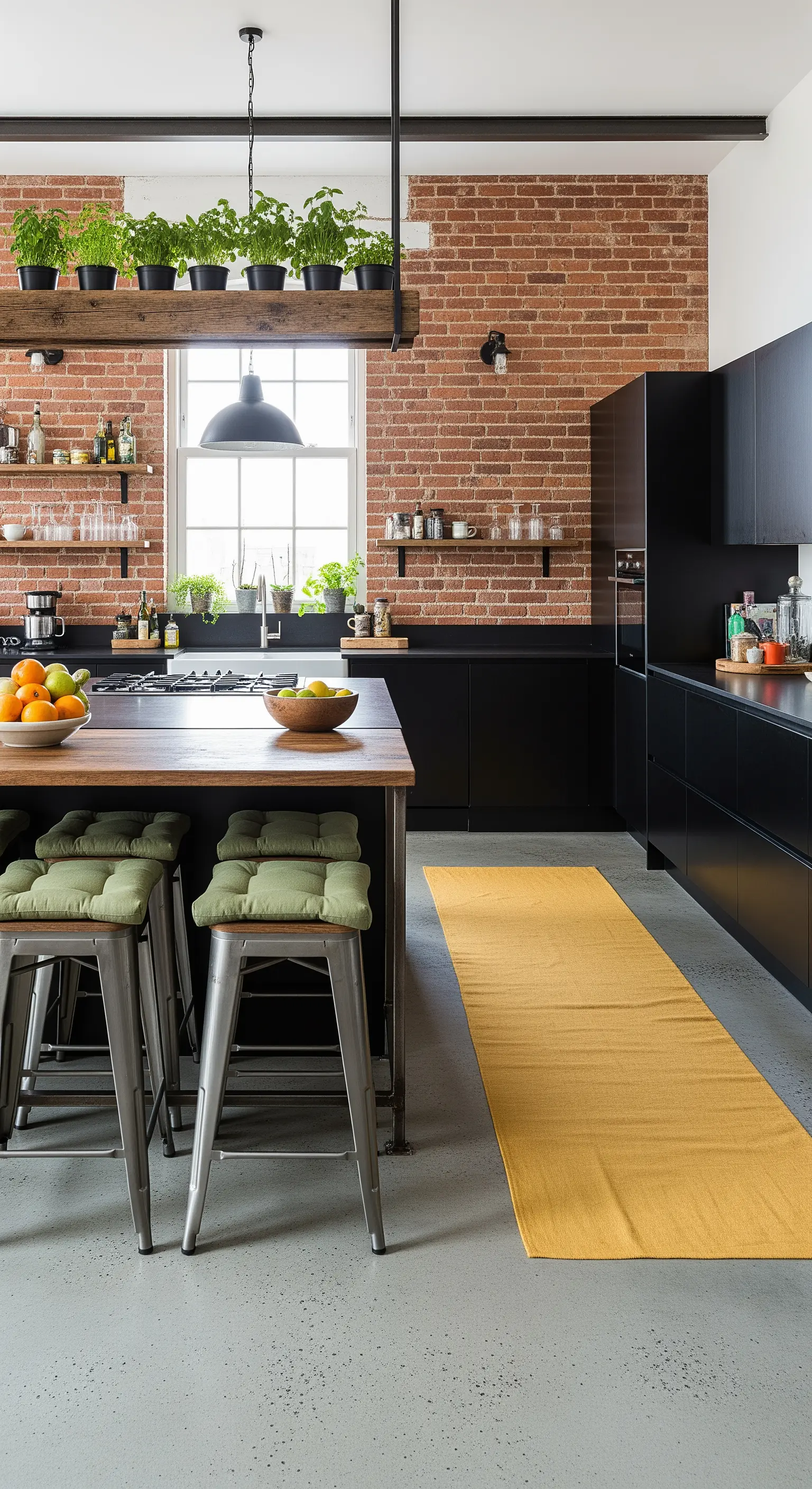Cucina industrial con runner senape sul pavimento in cemento e cuscini verdi.