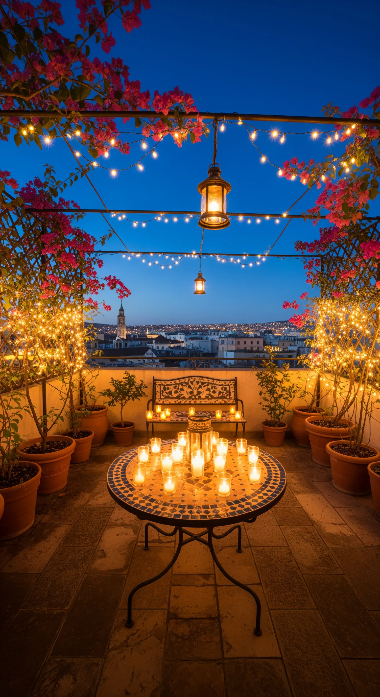 Terrazza panoramica con tavolo a mosaico, candele e fili di luci.