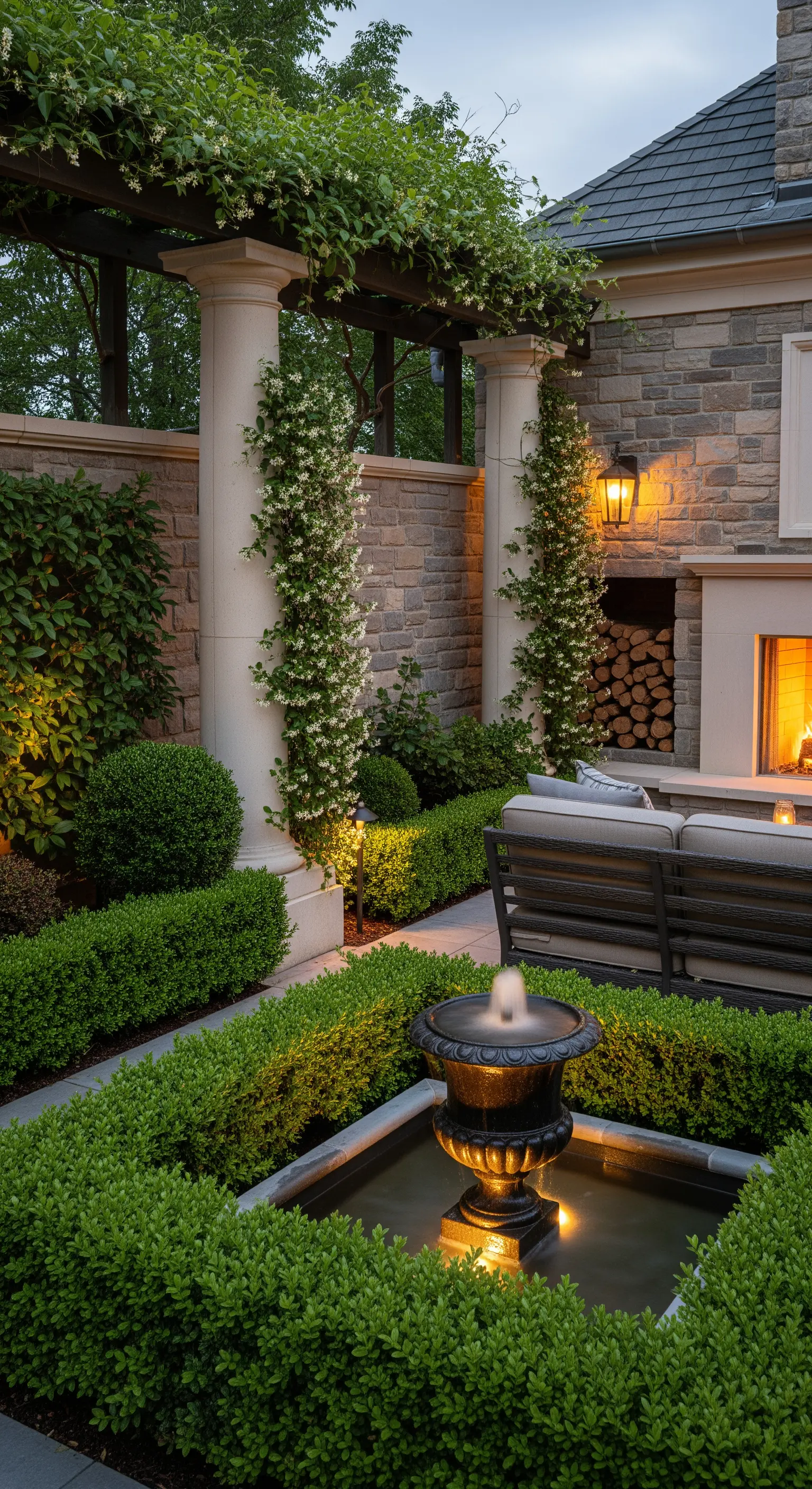 Patio con camino in pietra, divani comodi, colonne avvolte da gelsomino e illuminazione calda.