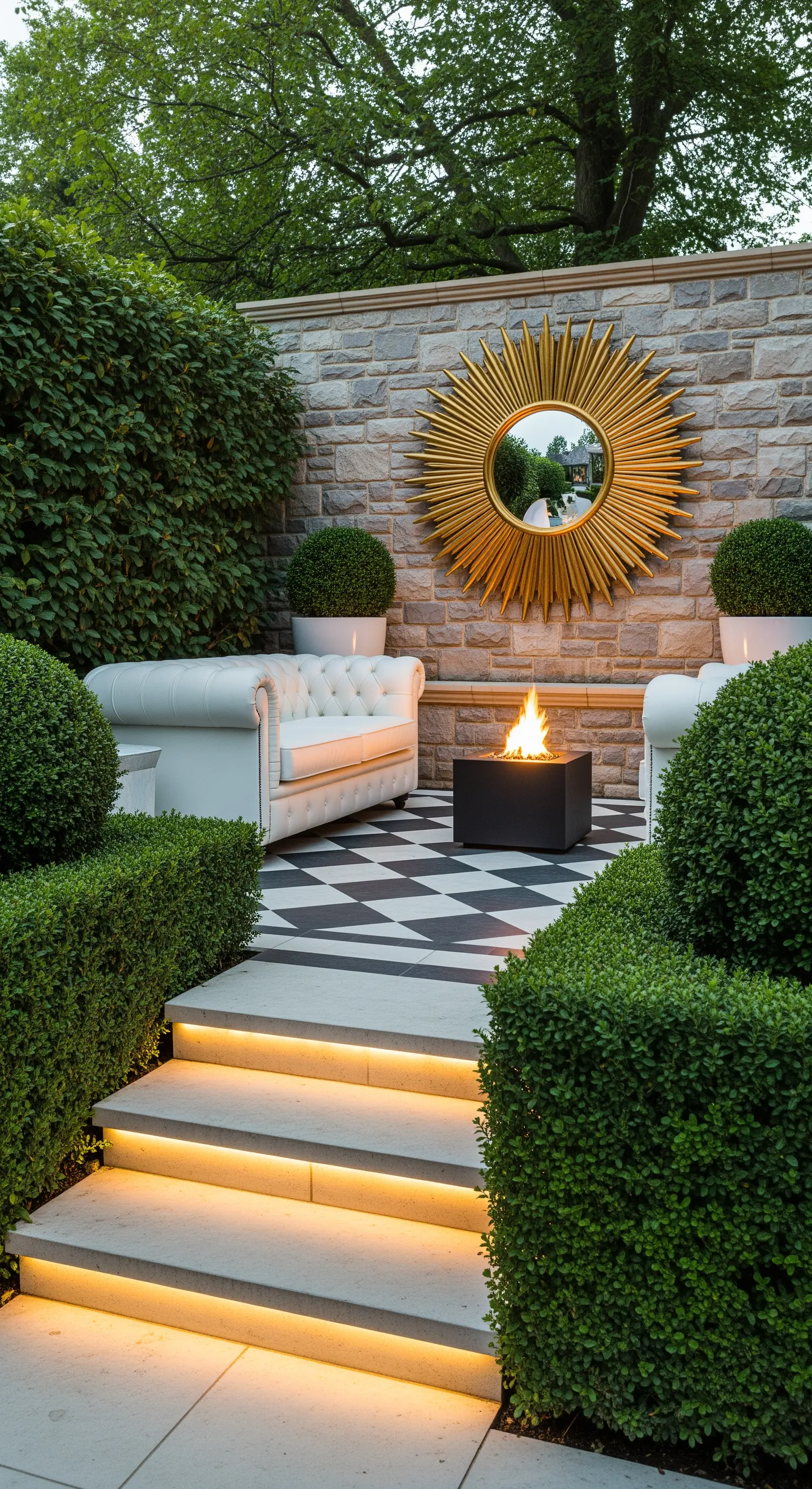 Patio con pavimento a scacchi, divano Chesterfield bianco e specchio dorato a forma di sole.