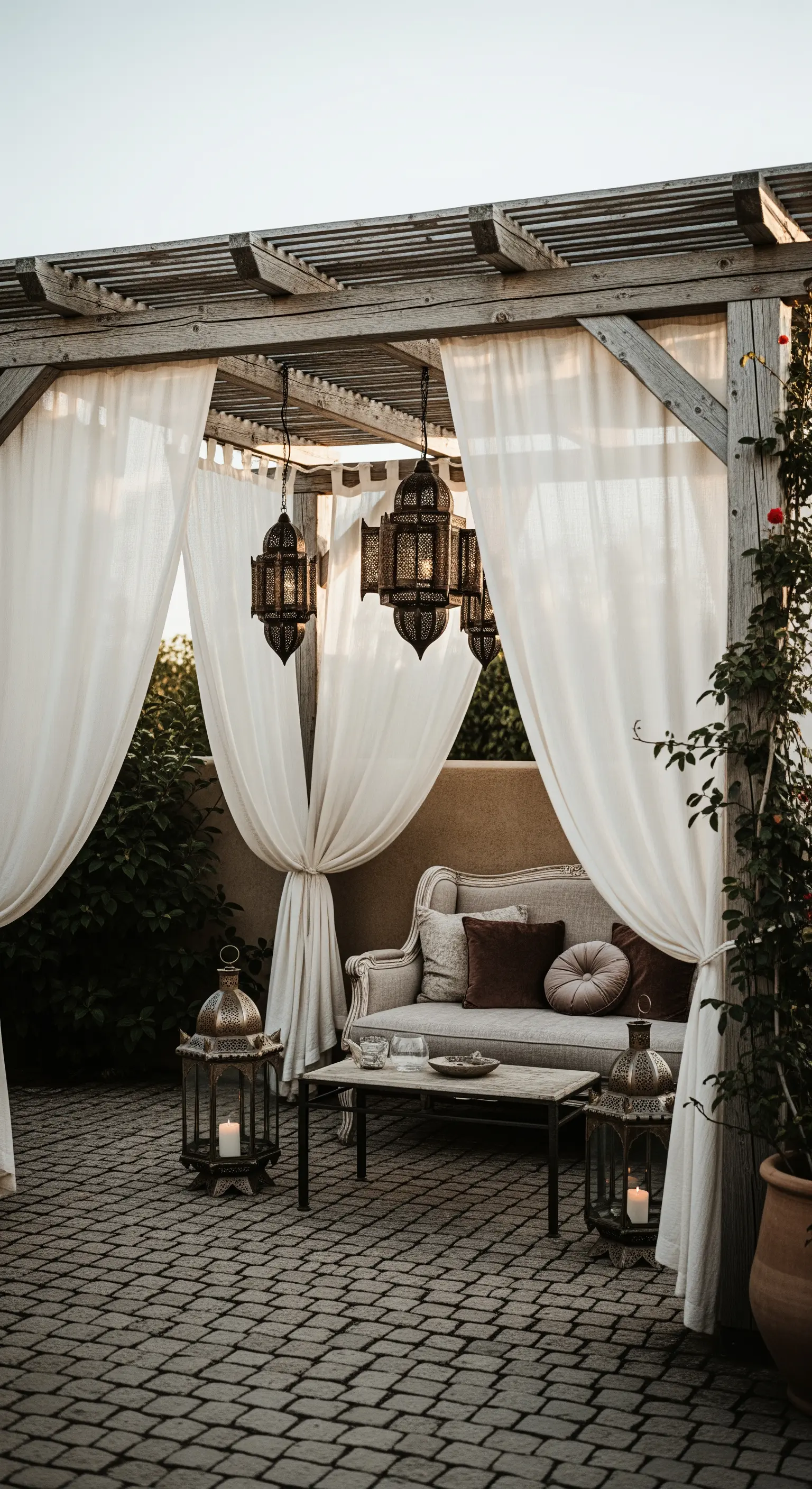 Patio con pergola, tende bianche e lanterne marocchine per un'atmosfera intima.
