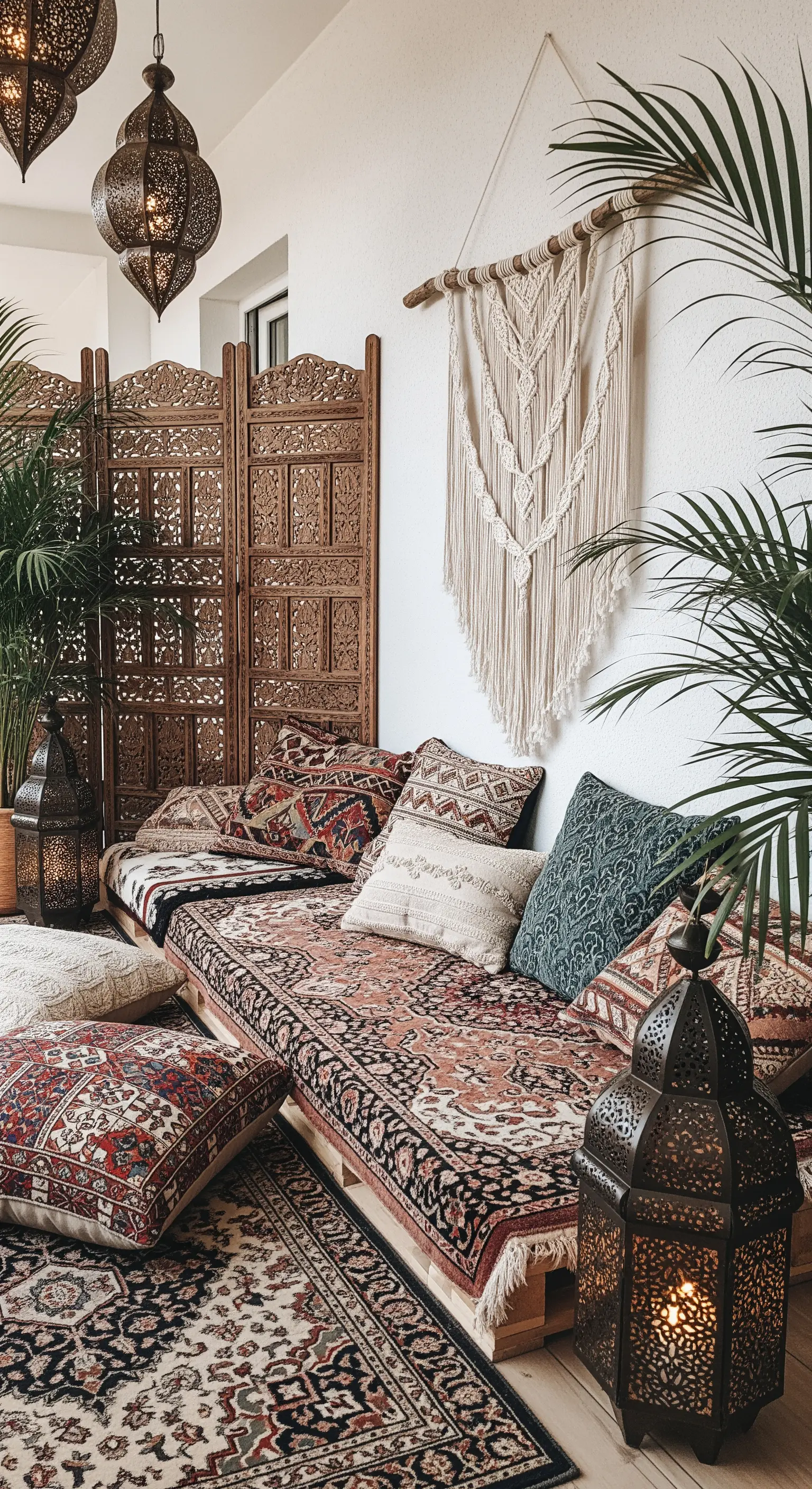 Salotto bohémien con sedute basse a terra, tappeti persiani sovrapposti e lanterne marocchine.