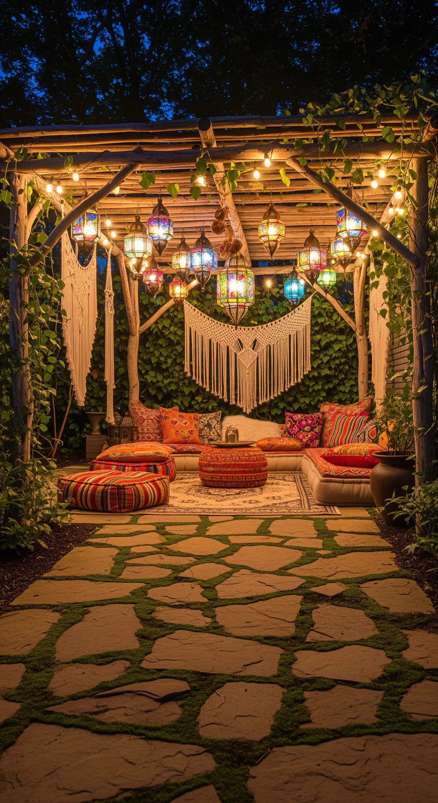 Pergolato in stile bohémien con cuscini colorati, lanterne marocchine e decorazioni in macramè.