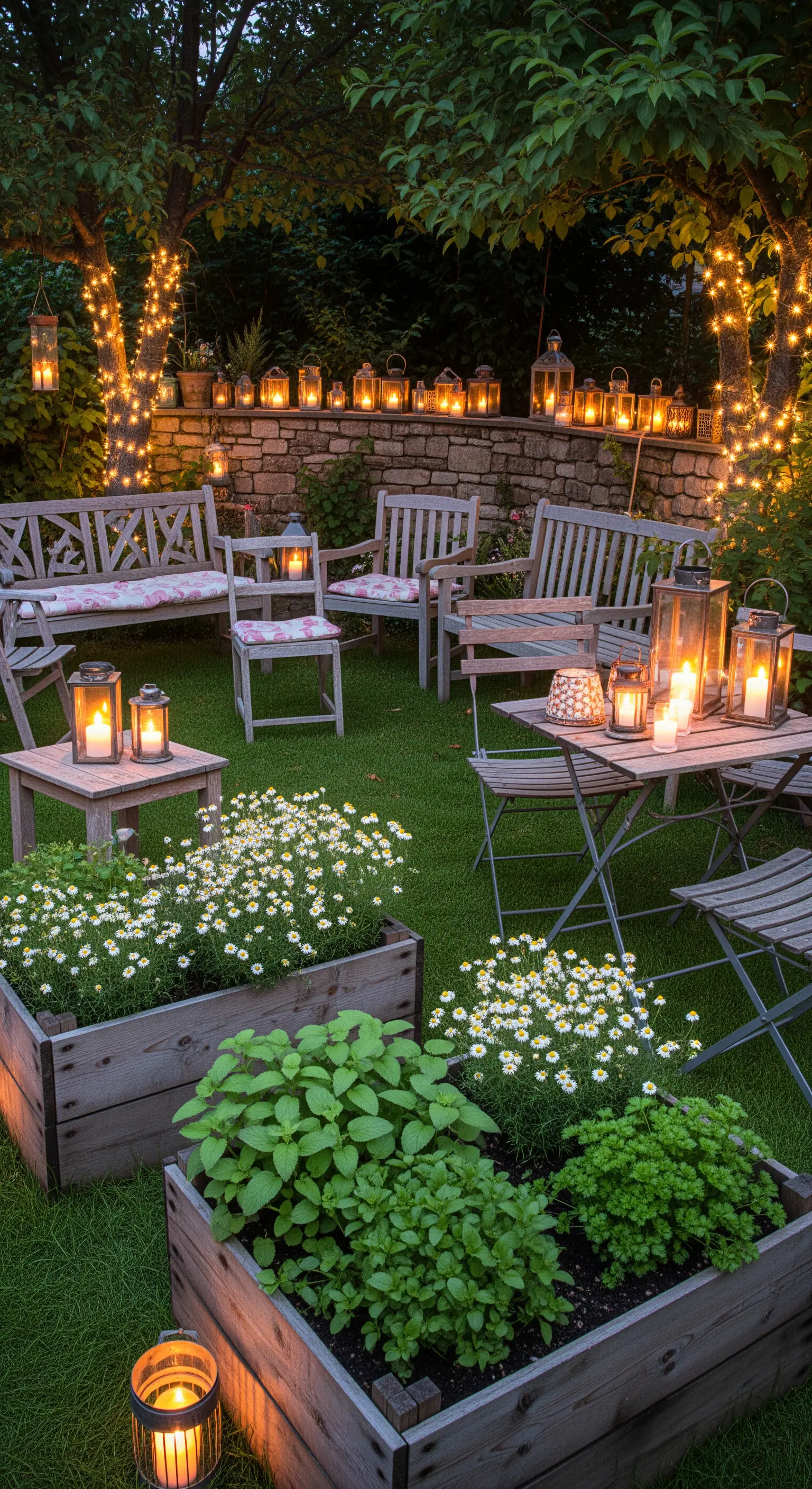 Giardino con diverse aree salotto in legno, illuminato da lanterne e lucine sugli alberi.