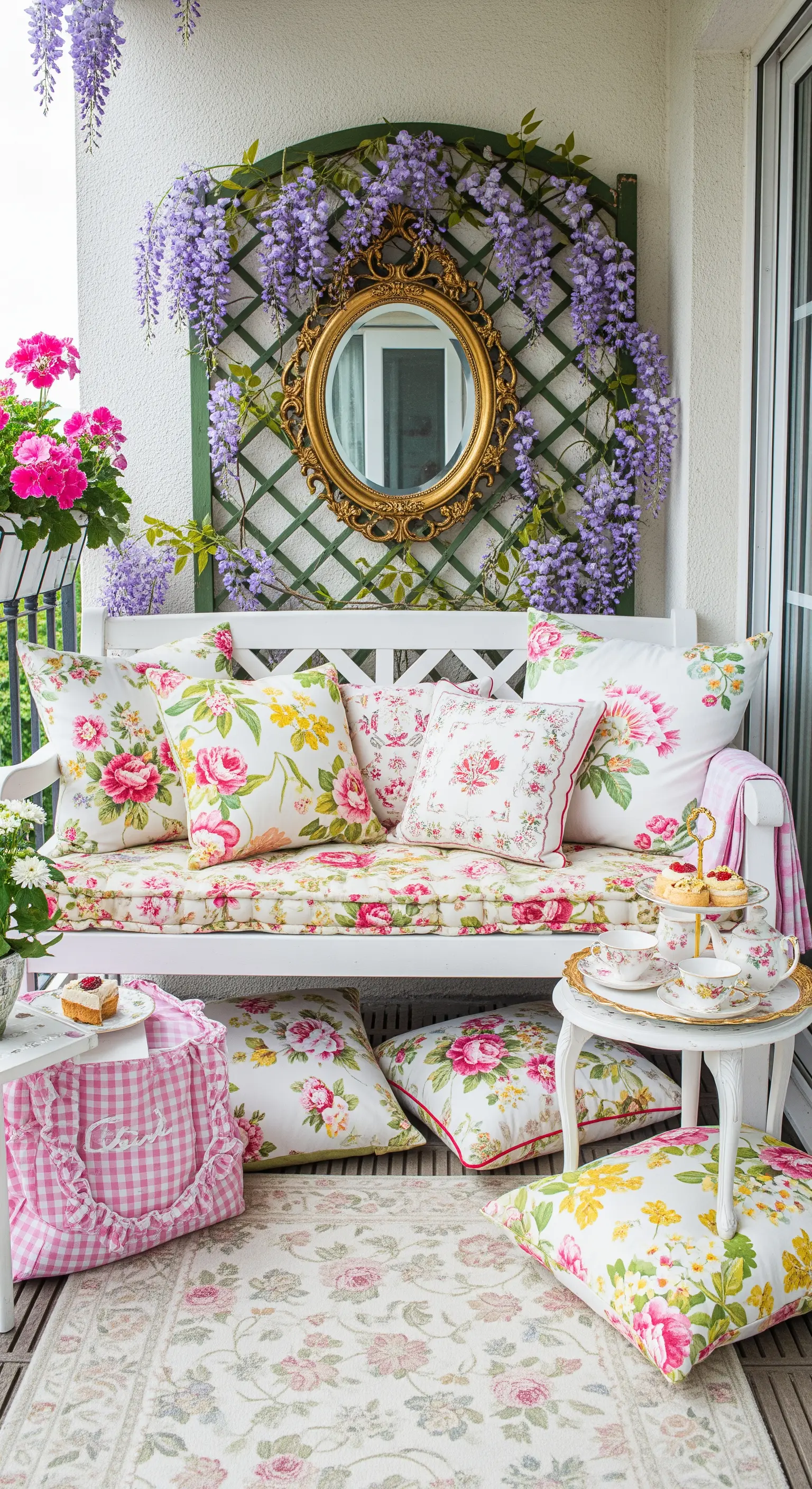 Balcone in stile cottage con panca bianca, cuscini floreali e specchio incorniciato dal glicine.