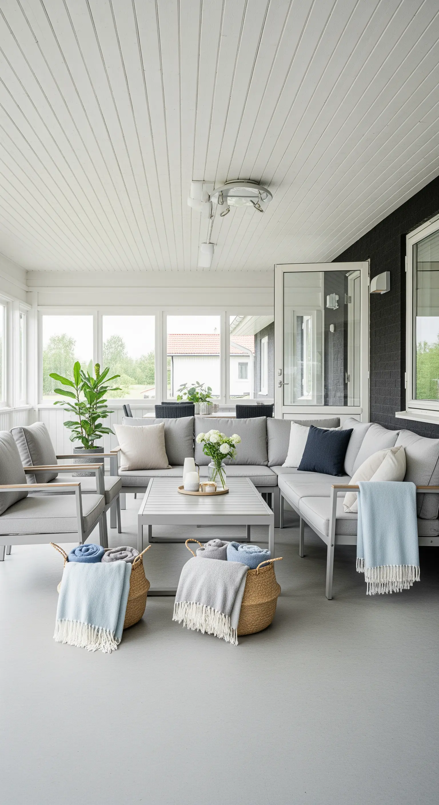 Grande veranda con divano componibile grigio, cuscini e plaid in cesti di vimini.