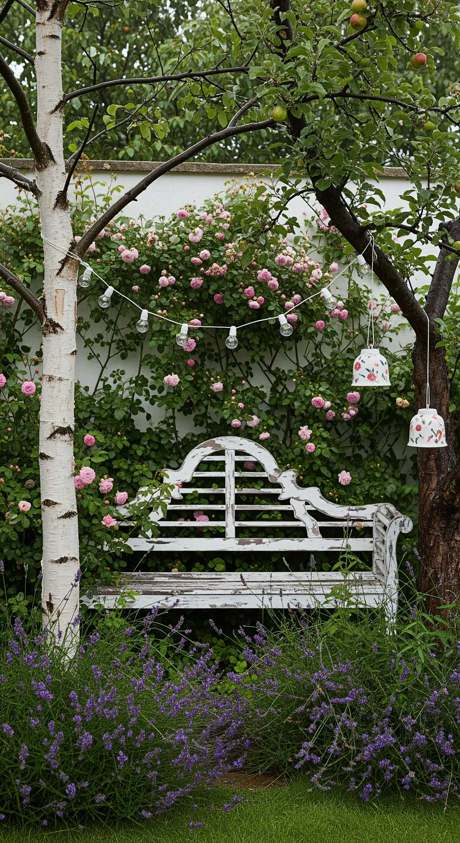 Panchina bianca vintage tra lavanda e rose, con una ghirlanda di lampadine appesa.