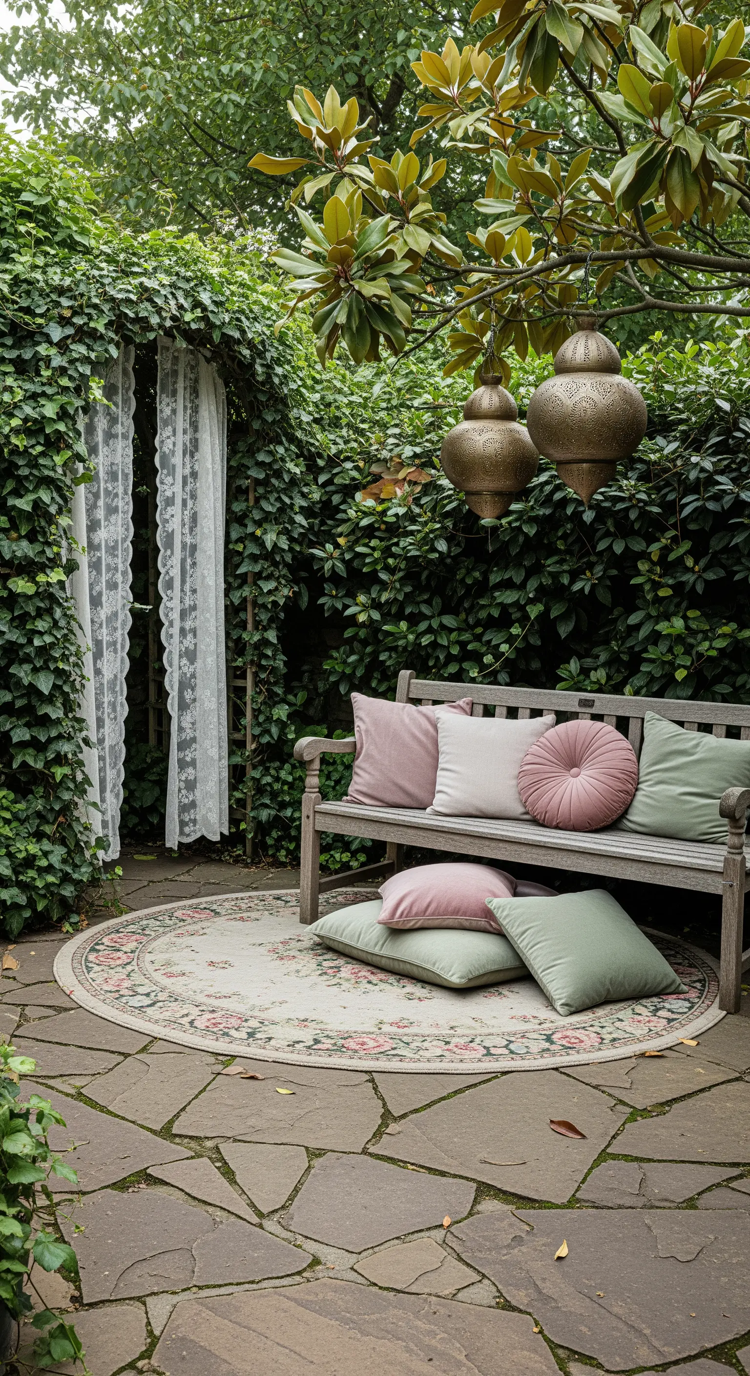 Angolo relax in giardino con panca in legno, cuscini rosa e verdi, e lanterne marocchine.