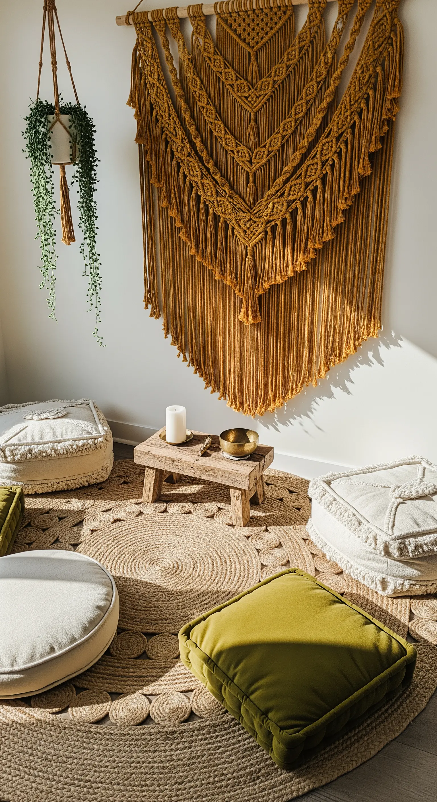 Angolo meditazione con arazzo in macramè senape, cuscini a terra e tappeto in juta.