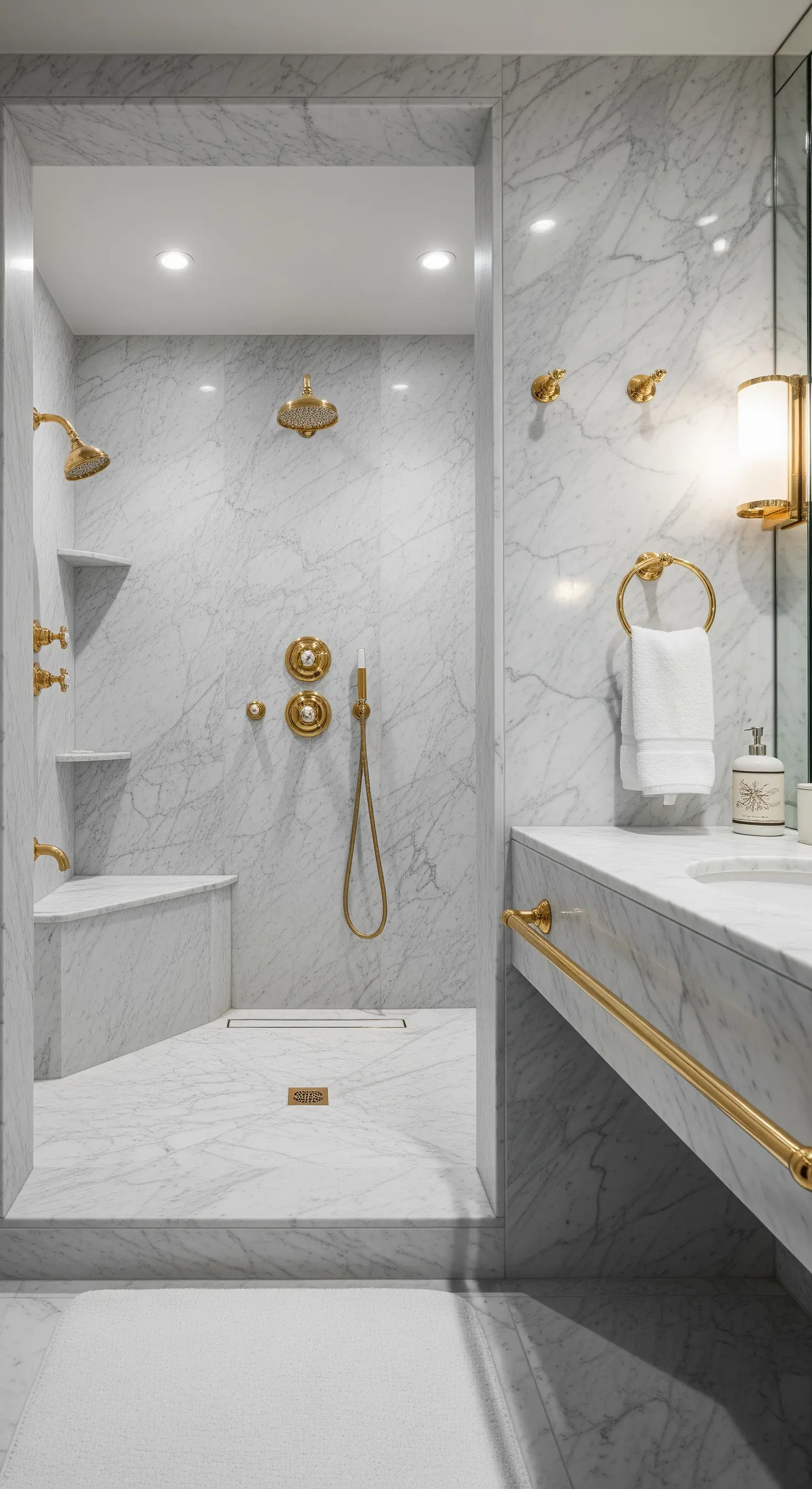 Doccia walk-in in marmo di Carrara con panca integrata e doppia rubinetteria in ottone lucido.