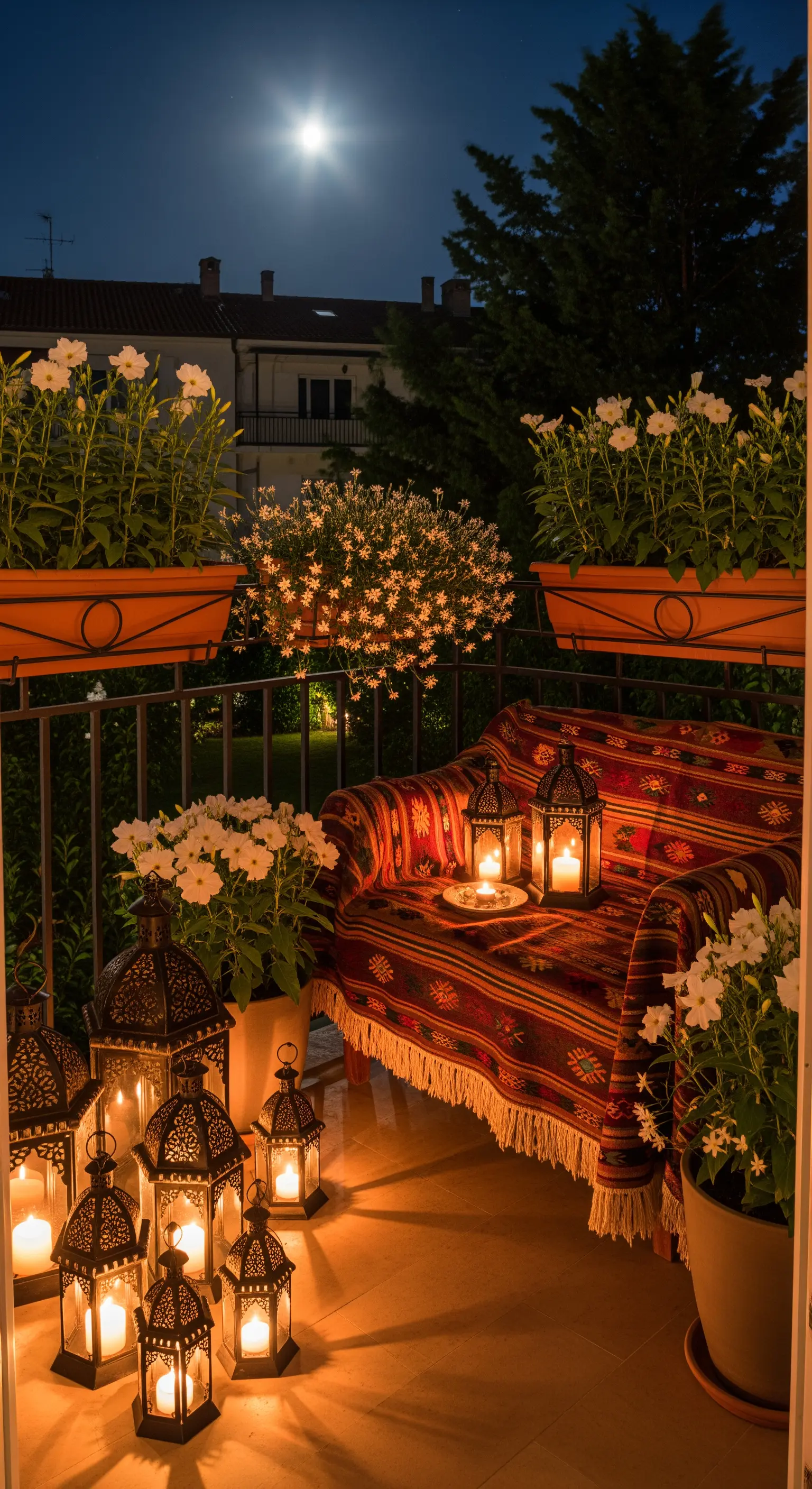 Balcone di notte illuminato solo da numerose lanterne a candela, con la luna piena sullo sfondo.