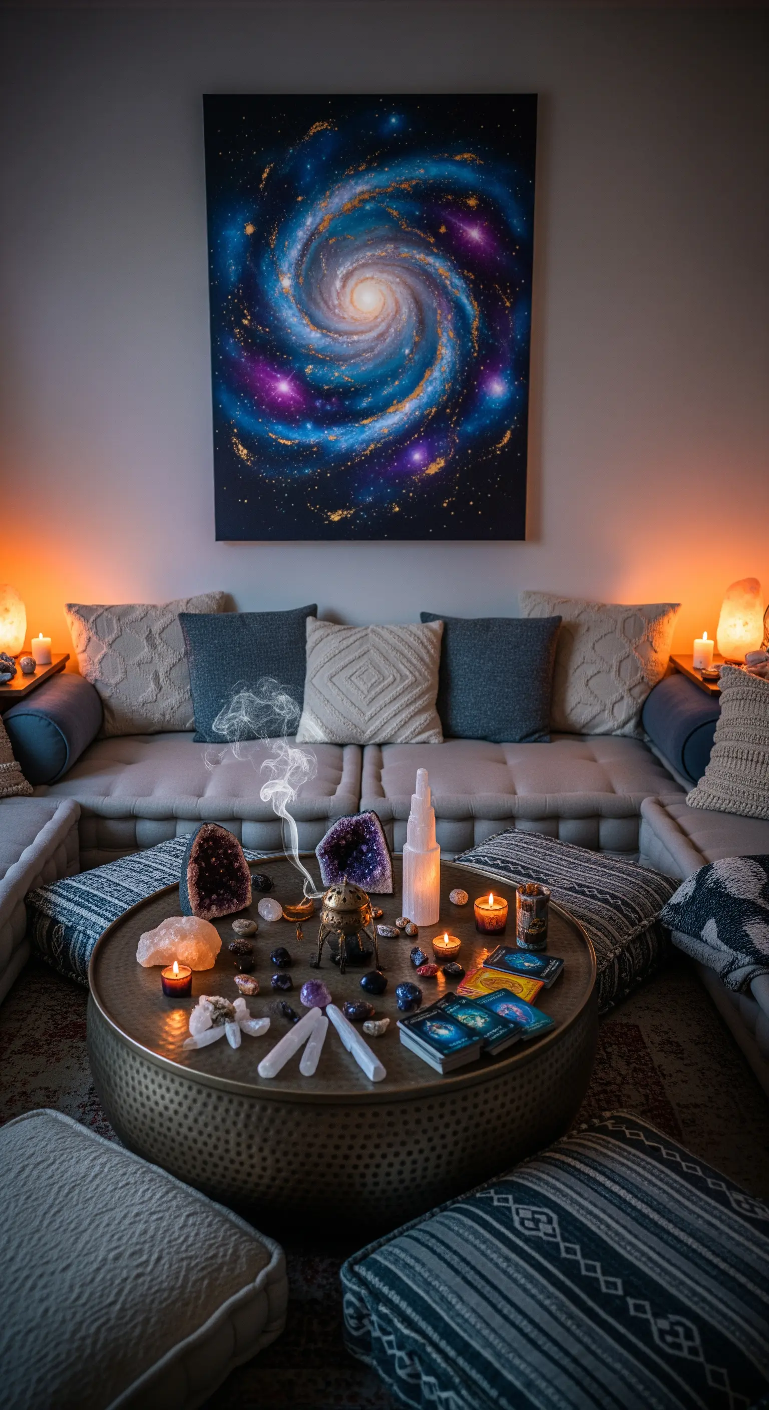 Angolo meditazione con divano basso, cristalli, candele e un quadro di una galassia.