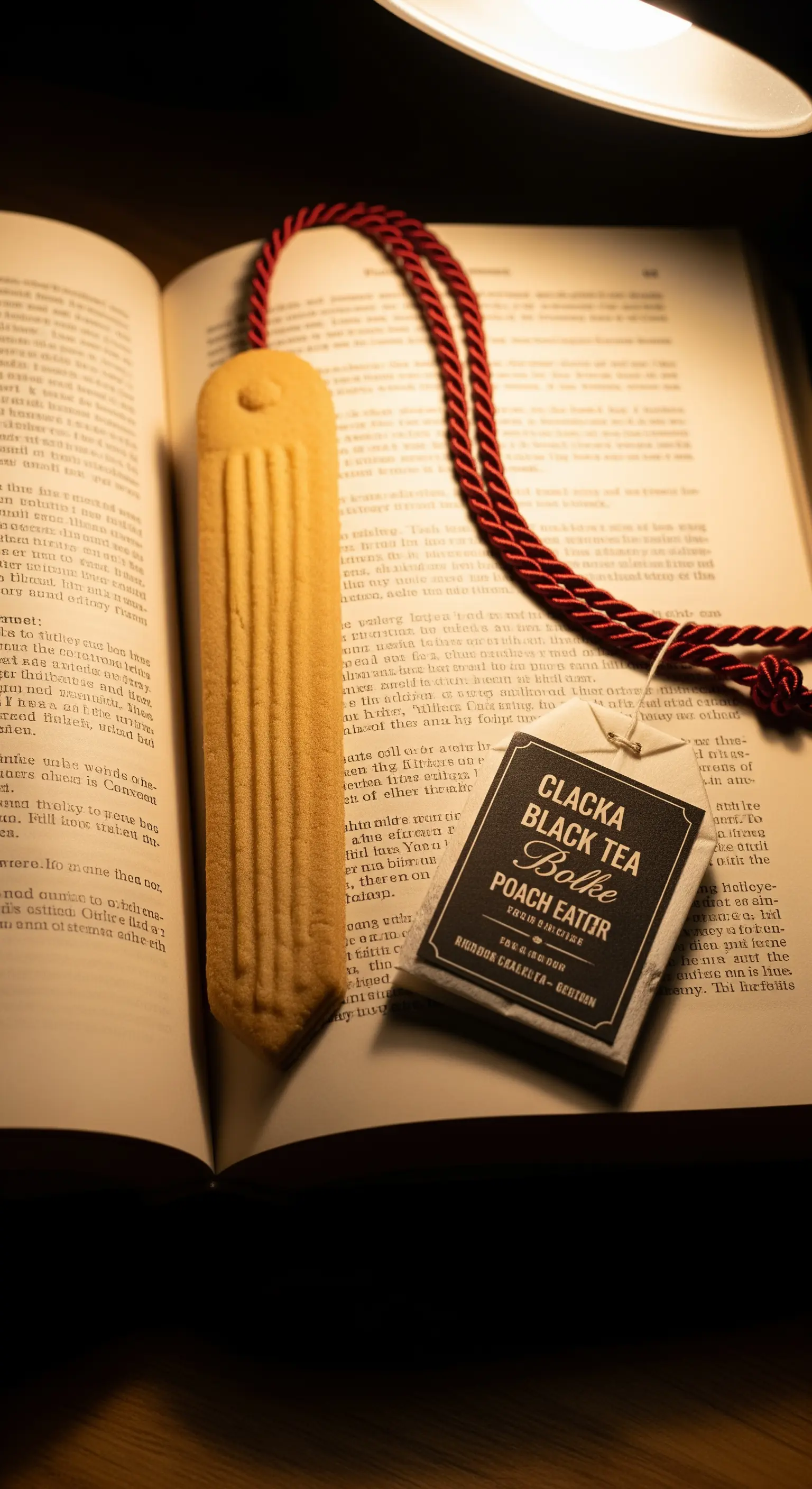 Biscotto a forma di segnalibro appoggiato su un libro aperto accanto a una bustina di tè.