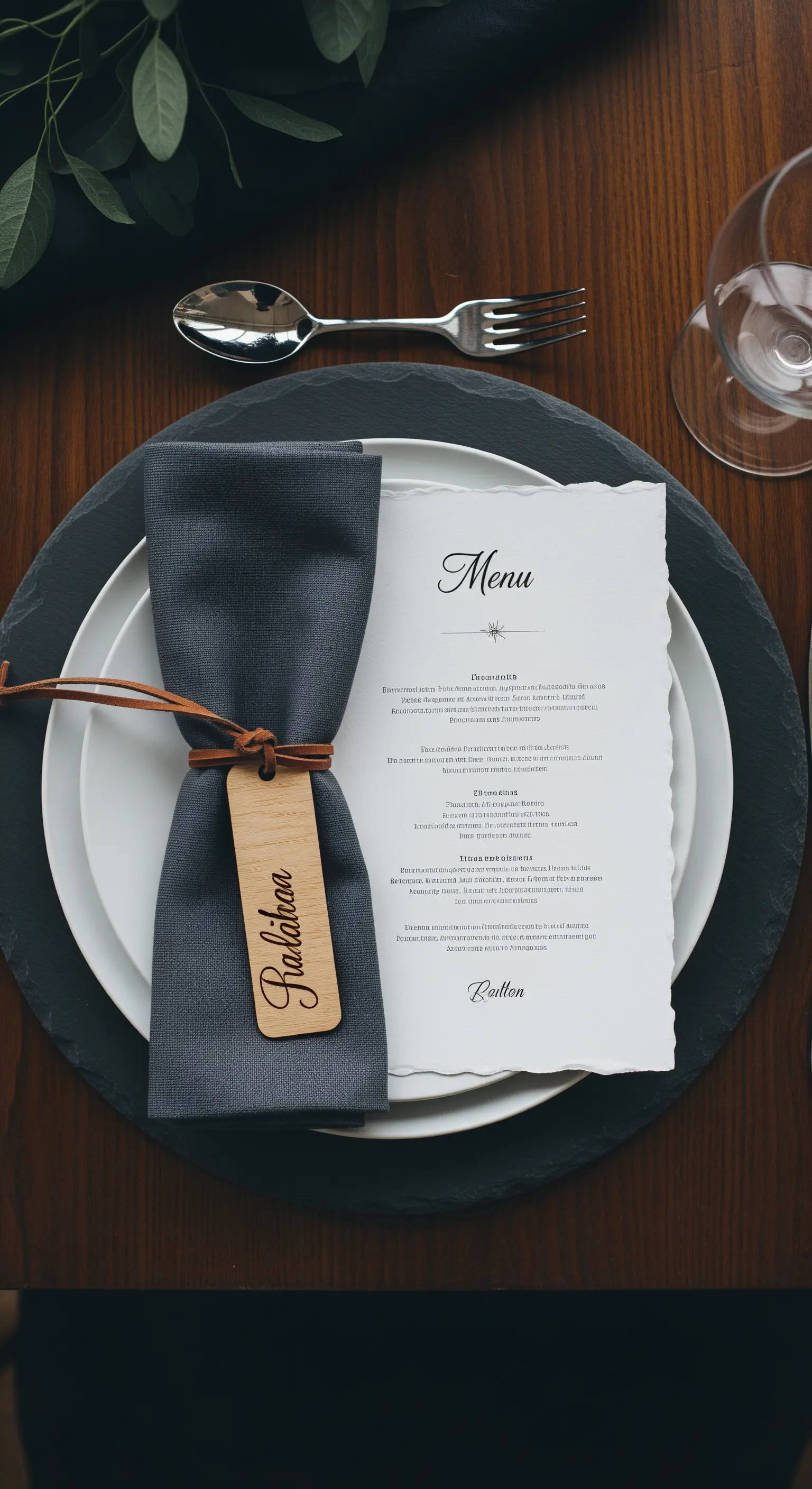 Segnaposto realizzato con un segnalibro in legno personalizzato legato a un tovagliolo blu.