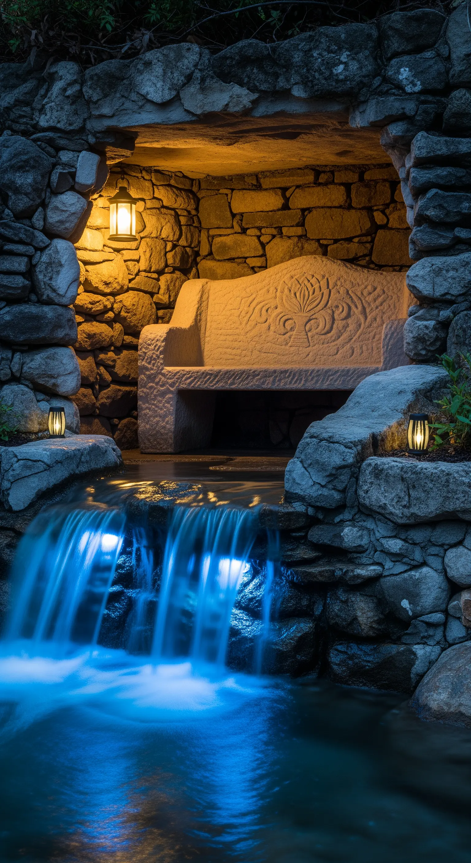 Panca in pietra all'interno di una grotta rocciosa, con una piccola cascata d'acqua.