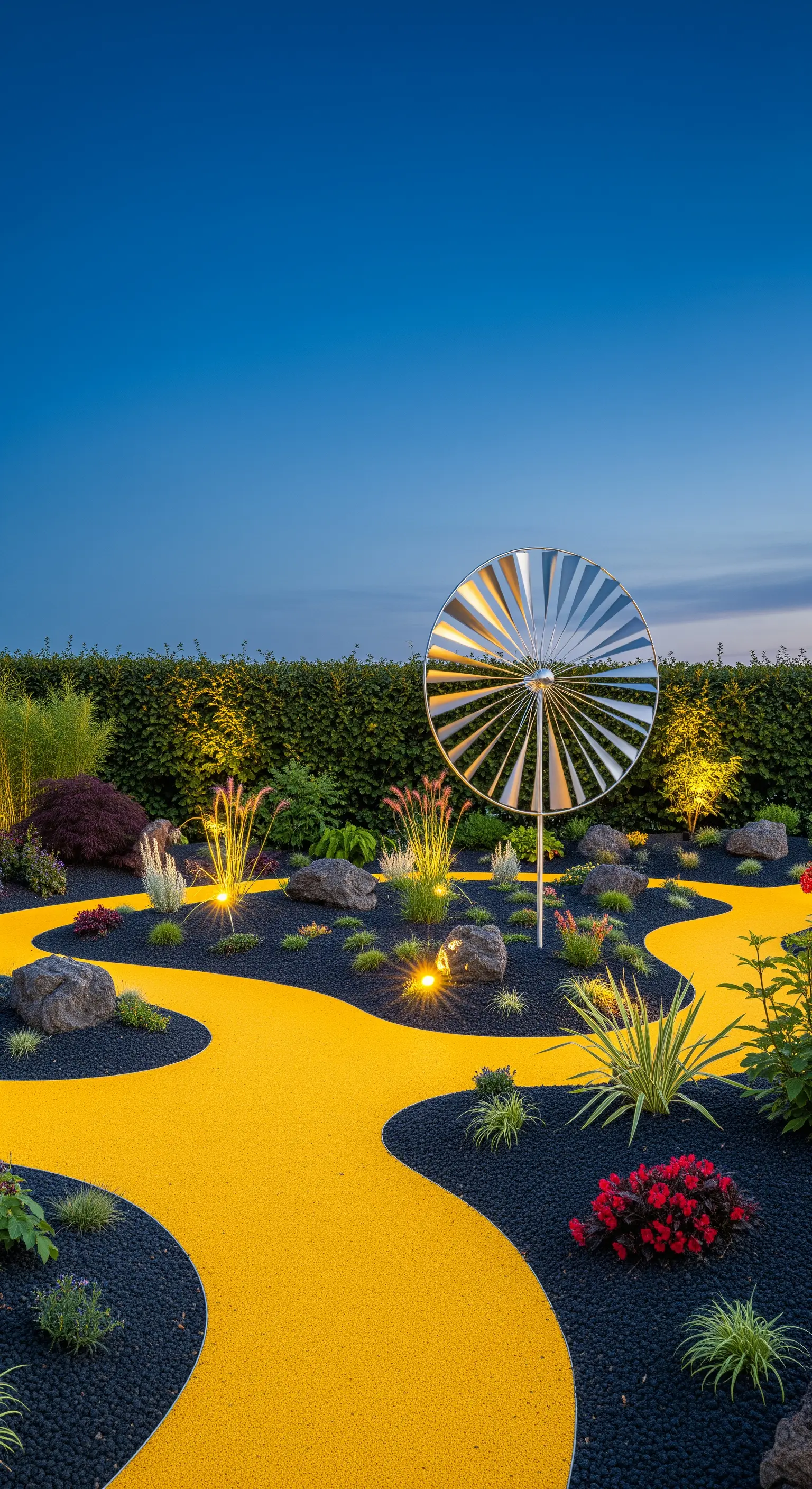 Giardino con sentiero sinuoso in resina gialla, ghiaia nera e scultura cinetica in metallo.