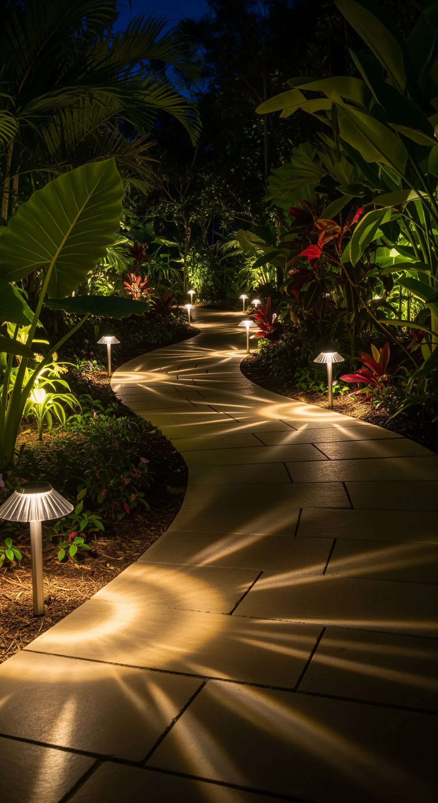 Sentiero curvo in un giardino tropicale, illuminato da piccoli lampioni moderni.