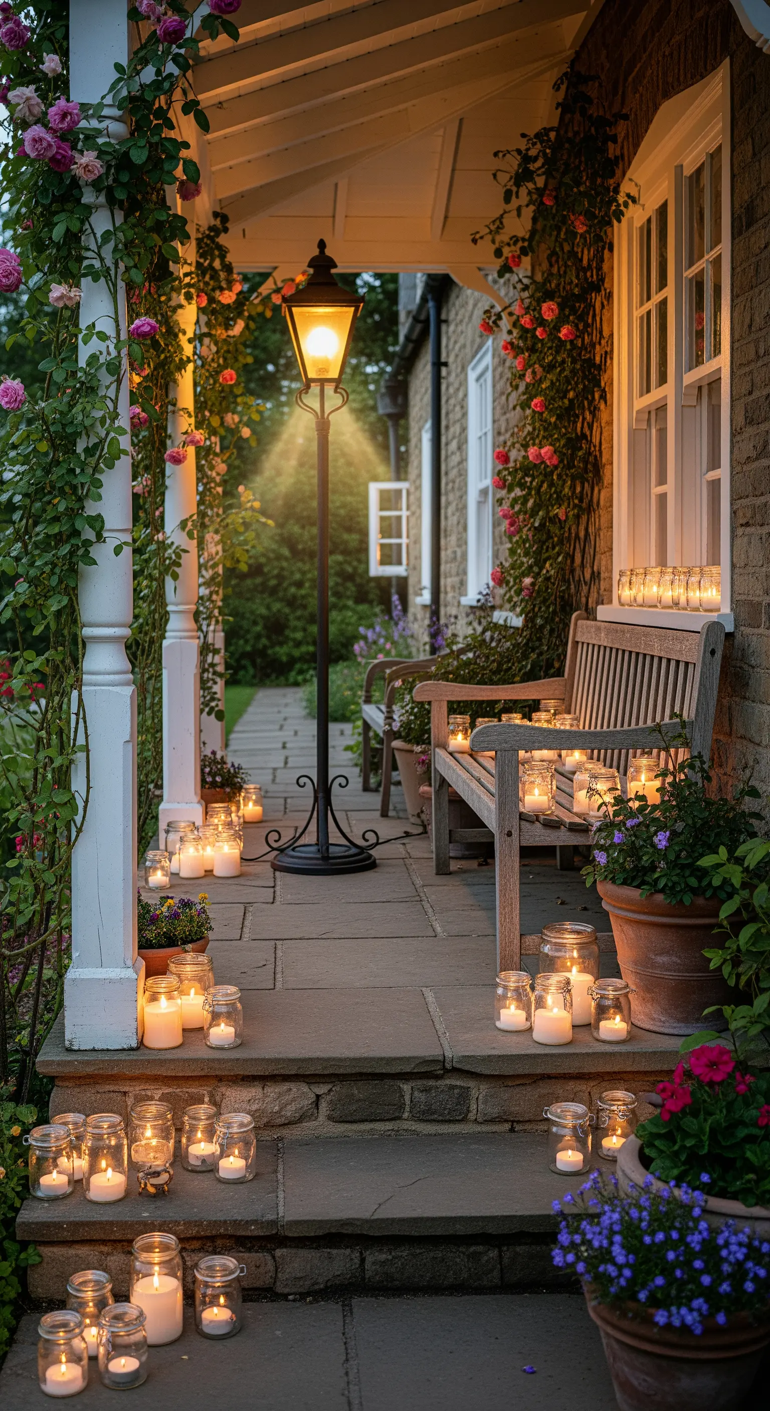 Portico di un cottage inglese con panchina, rose rampicanti, lampada a lampione e candele.