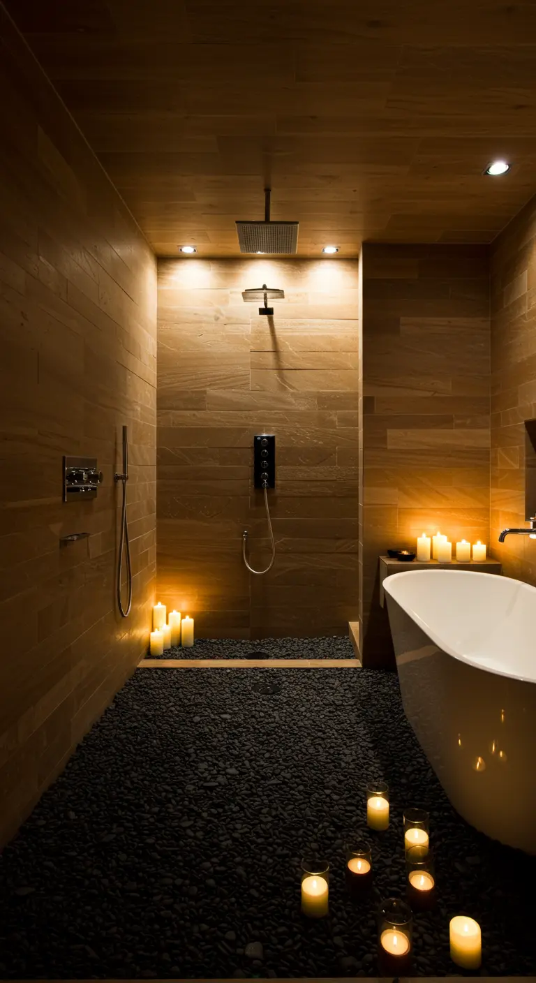 Pavimento in ciottoli neri in una doccia walk-in, illuminato da numerose candele a terra.