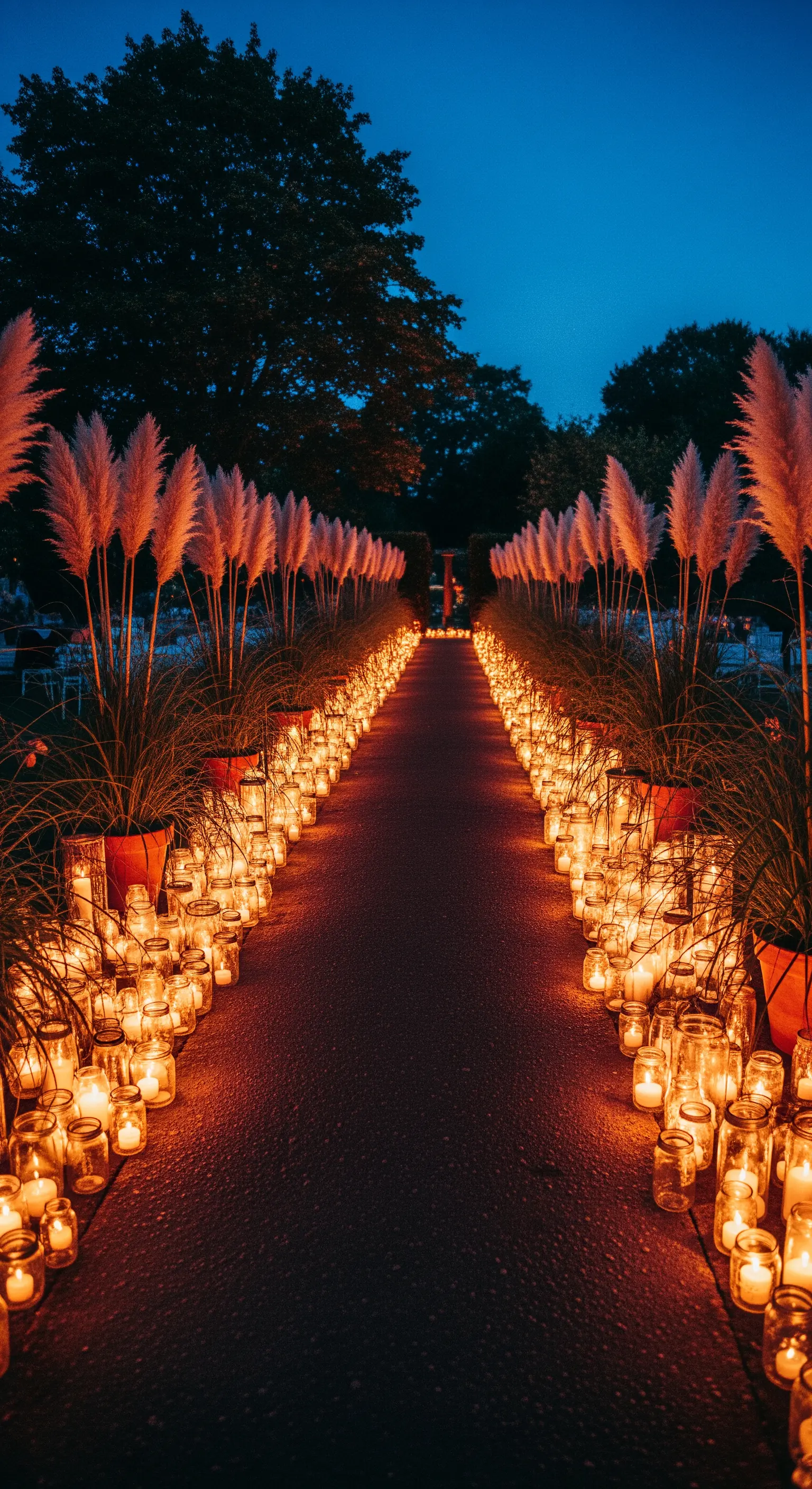 Un sentiero in un giardino di notte, illuminato da centinaia di candele in barattoli di vetro.