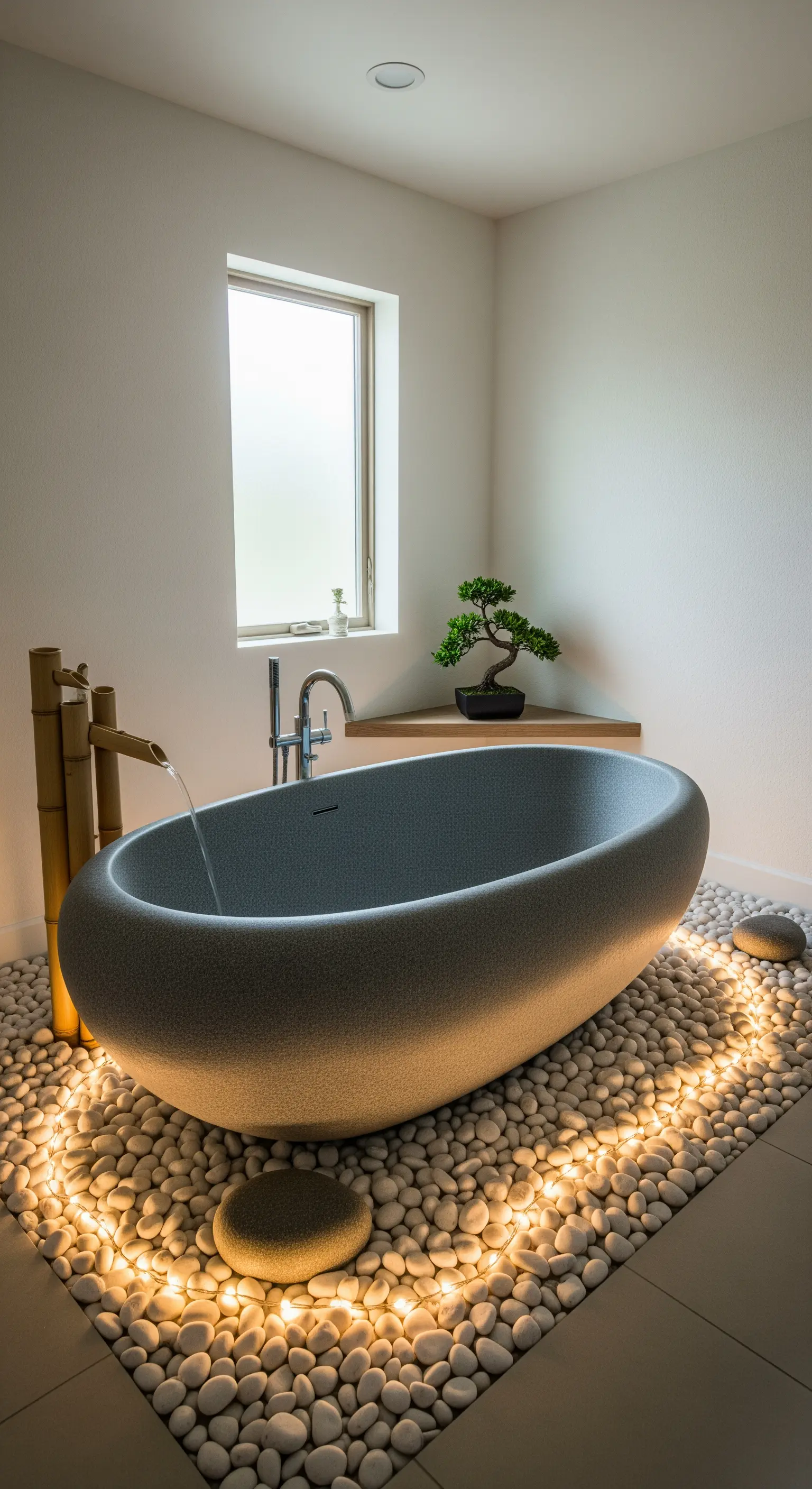 Vasca da bagno in pietra posata su ciottoli bianchi illuminati da un anello di luci.