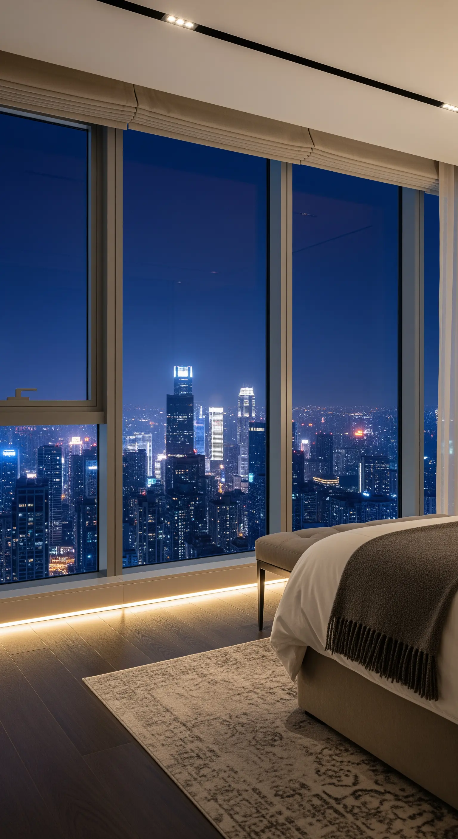 Striscia LED lungo il pavimento di una camera con vetrate a tutta altezza su un panorama notturno.