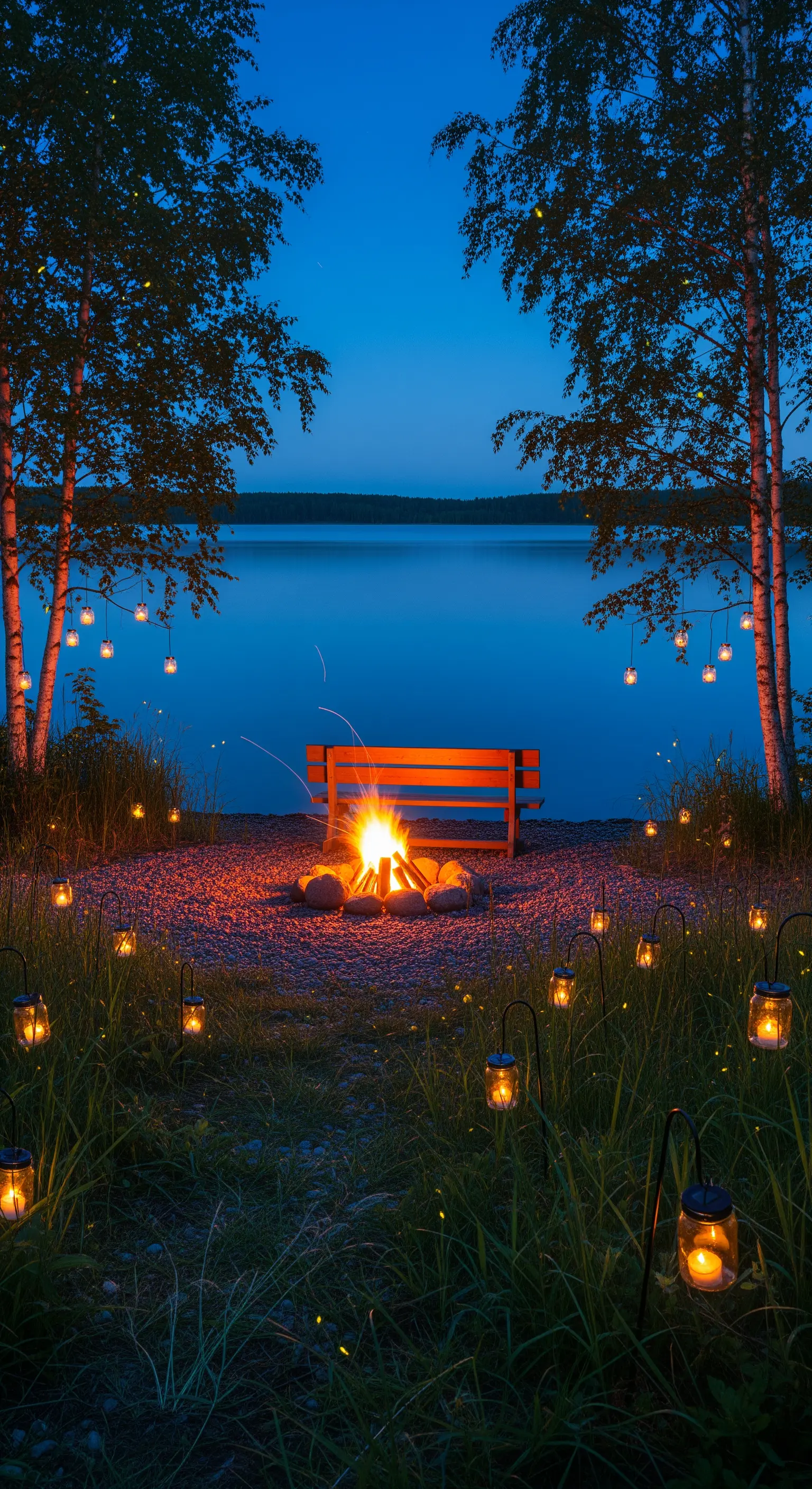 Fuoco sulla riva di un lago al crepuscolo, con una panca e un sentiero di piccole lanterne.