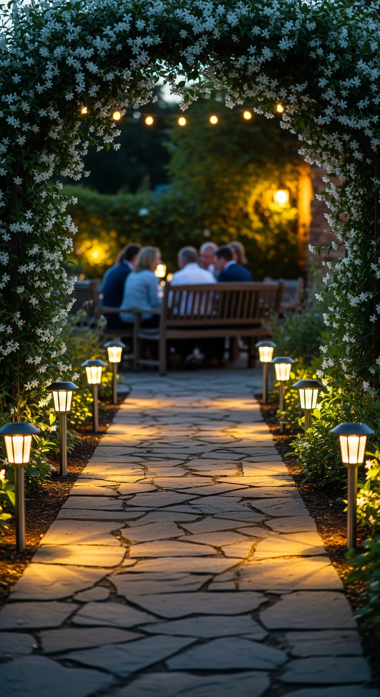 Sentiero in pietra illuminato da lampioncini che conduce a un arco fiorito e a un tavolo.